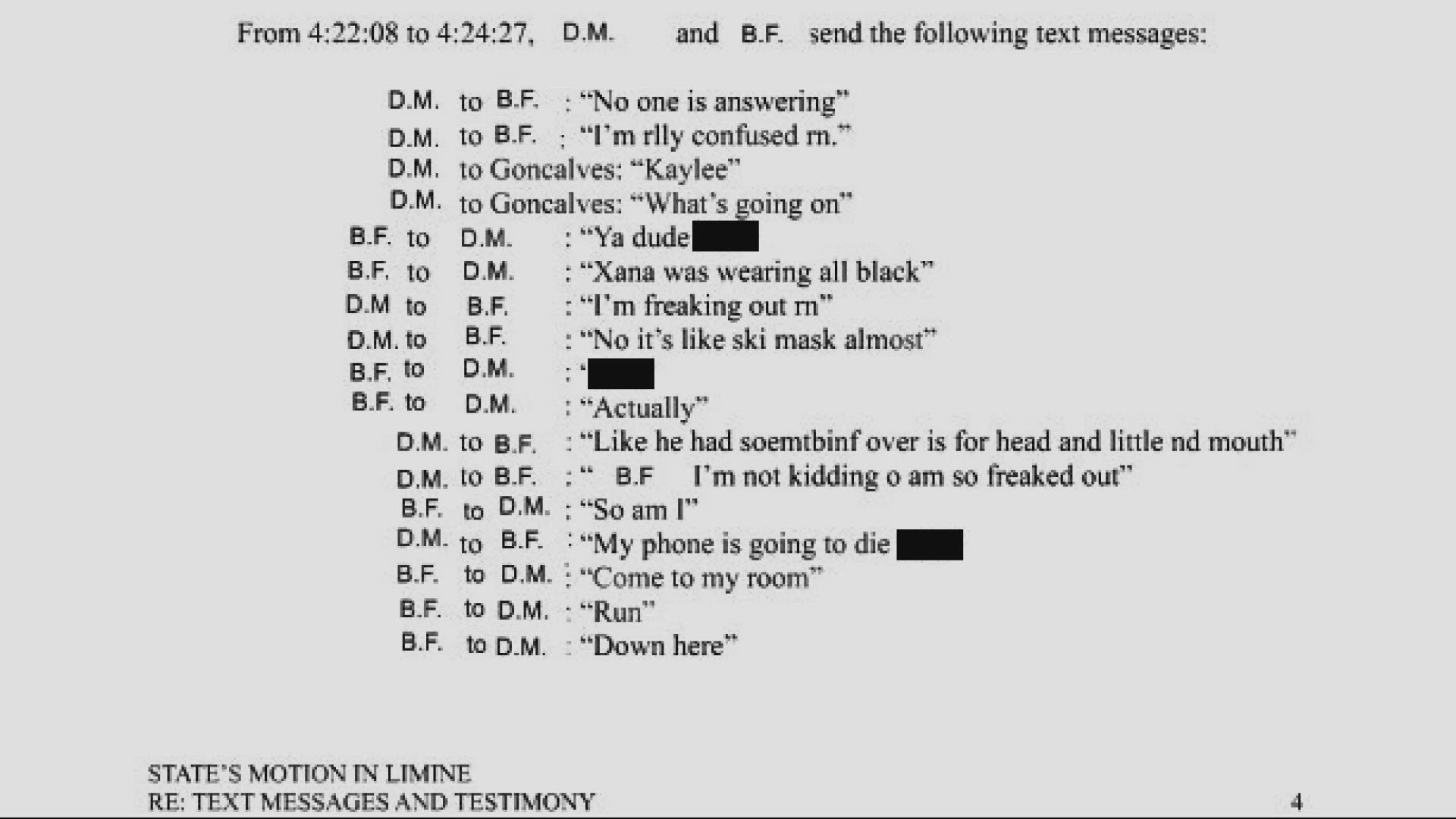 Text messages between two surviving roommates have been released in new court documents, as well as the transcript of the initial 911 call.