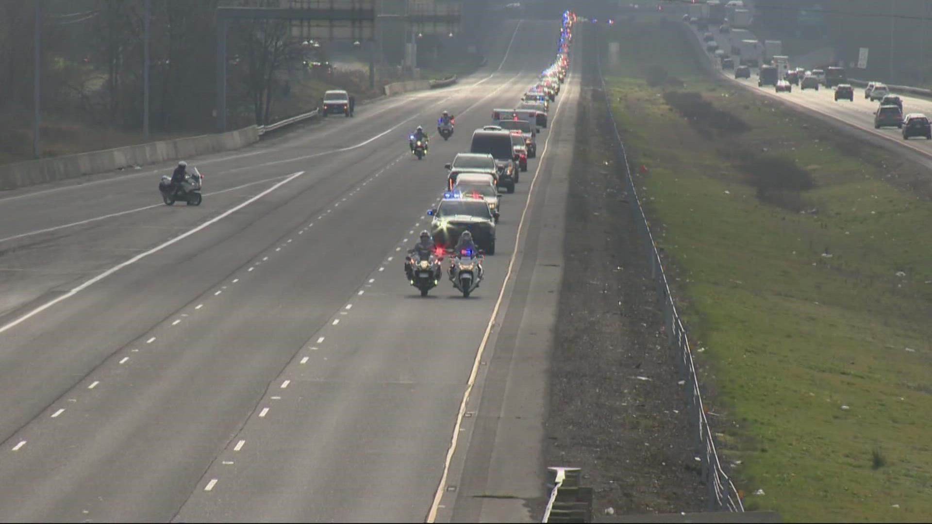 A long line of first responders took part in today’s procession for Don Sahota, while community members paid respects as the procession drove by.