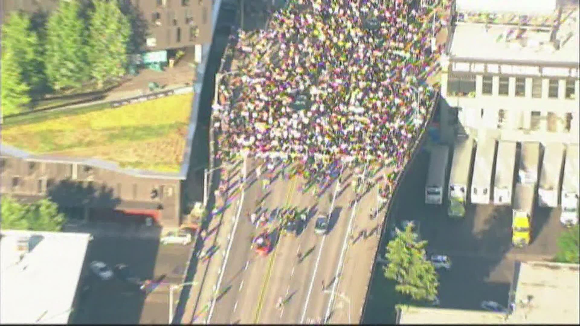 Thousands of protesters march from Portland's east side across the Burnside Bridge on the fifth night of protests against racism and police brutality, June 2, 2020.