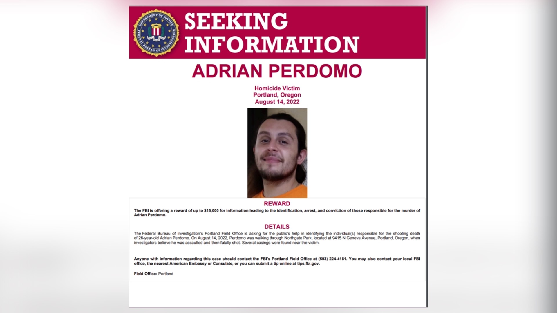 Fbi Offers 15k Reward For Information On 2022 Portland Killing