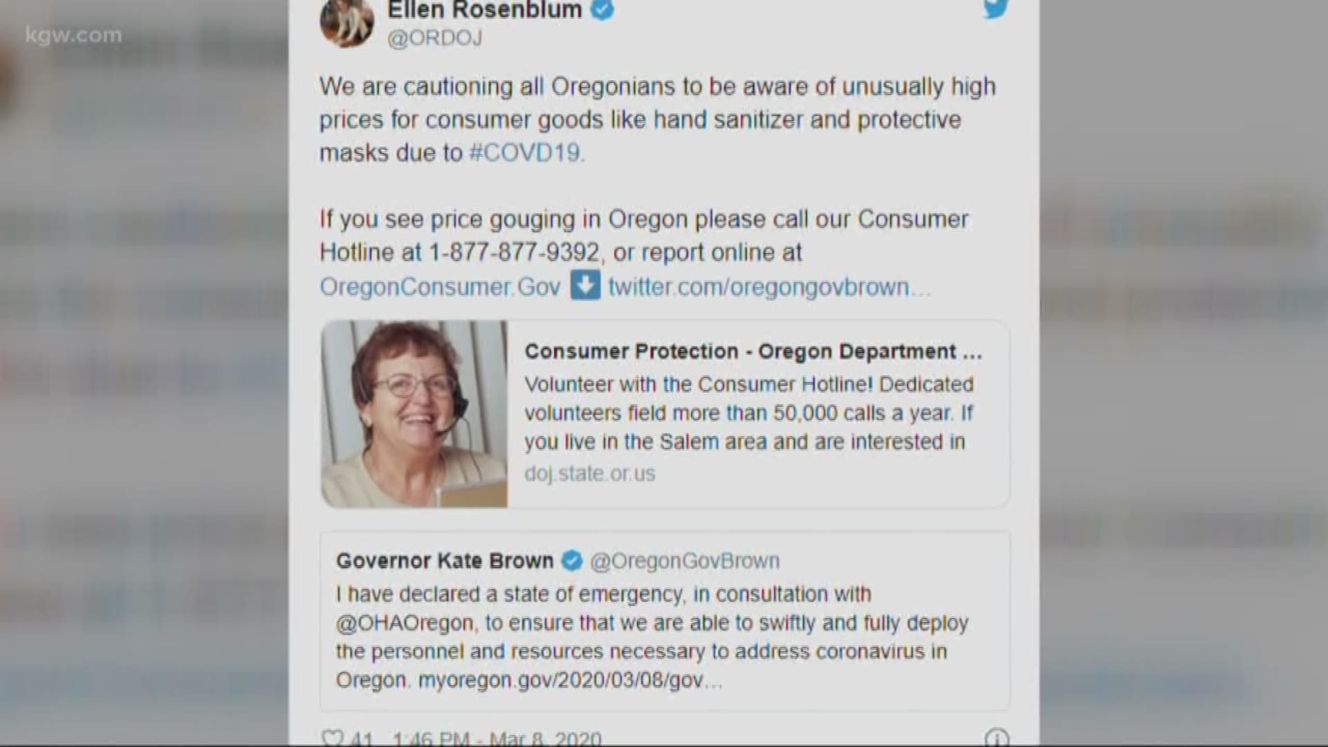 Oregon Attorney General Ellen Rosenblum is warning Oregonians about possible price gouging and is encouraging them to report it if they see it.