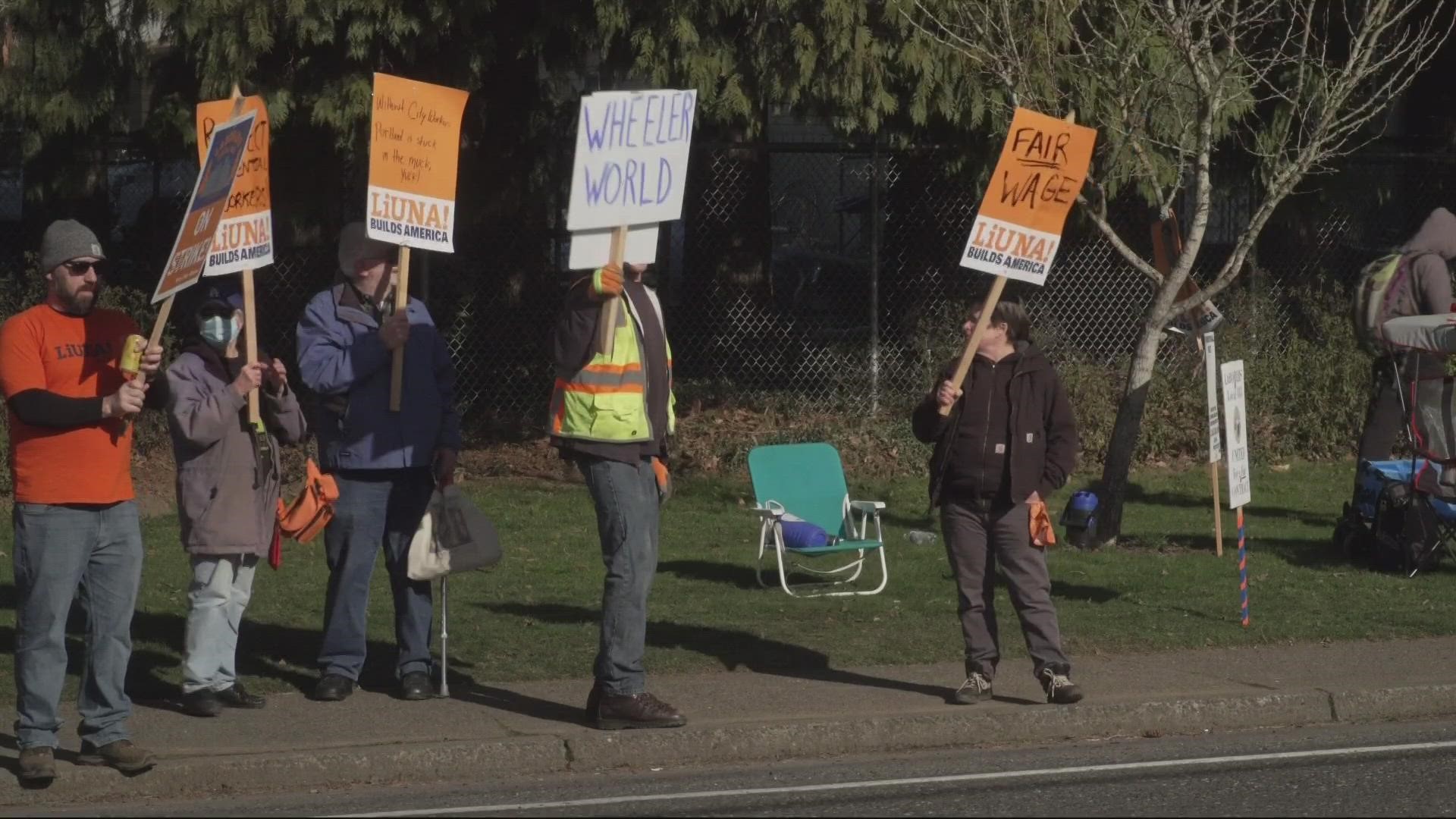 Portland workers represented by Laborers' Local 483 began their strike on Thursday after 
no agreement was reached during a mediation session Wednesday
