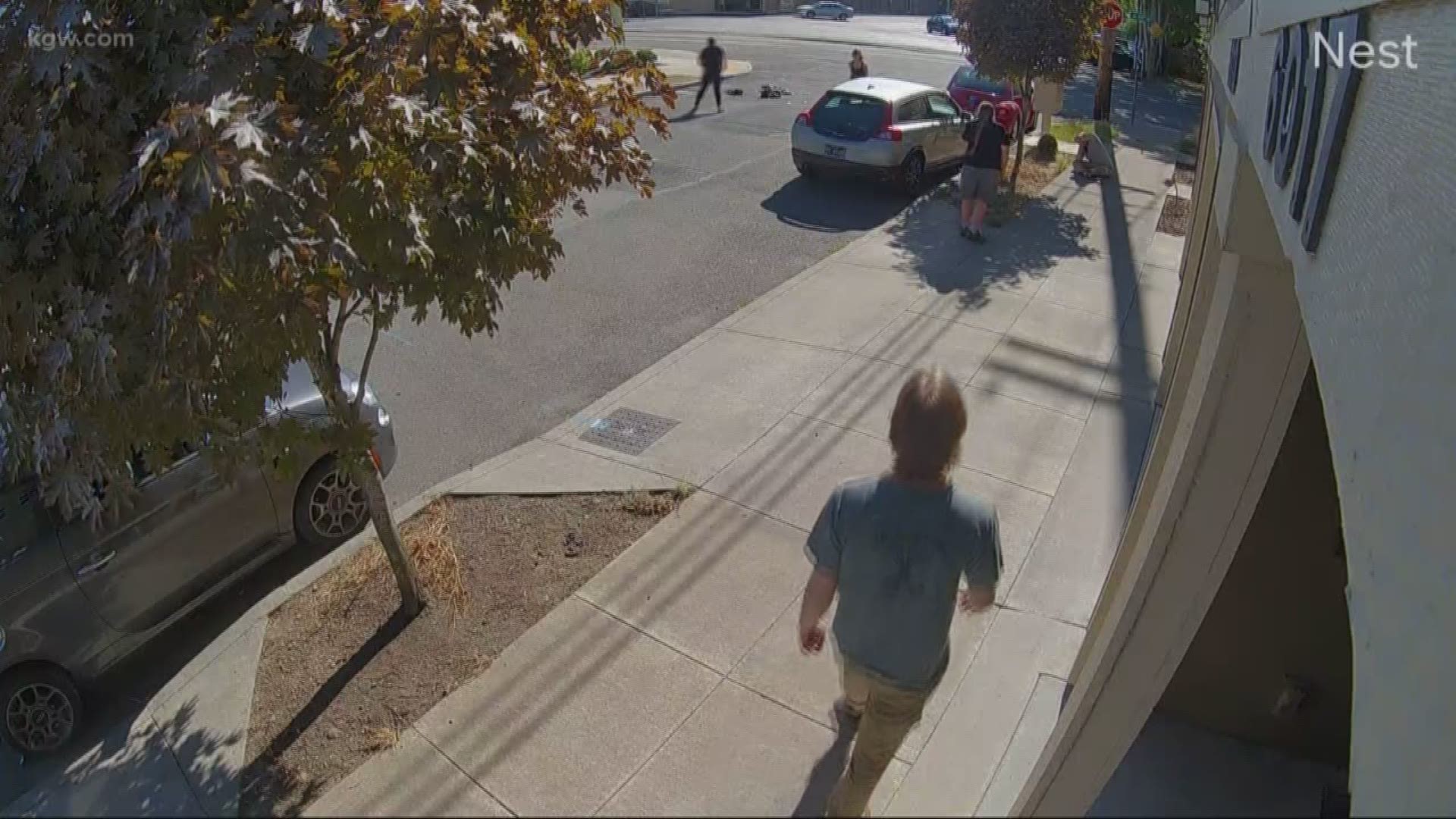 The confrontation near Northeast 60th Avenue and Holladay Street was caught on camera. The suspect is still on the loose.