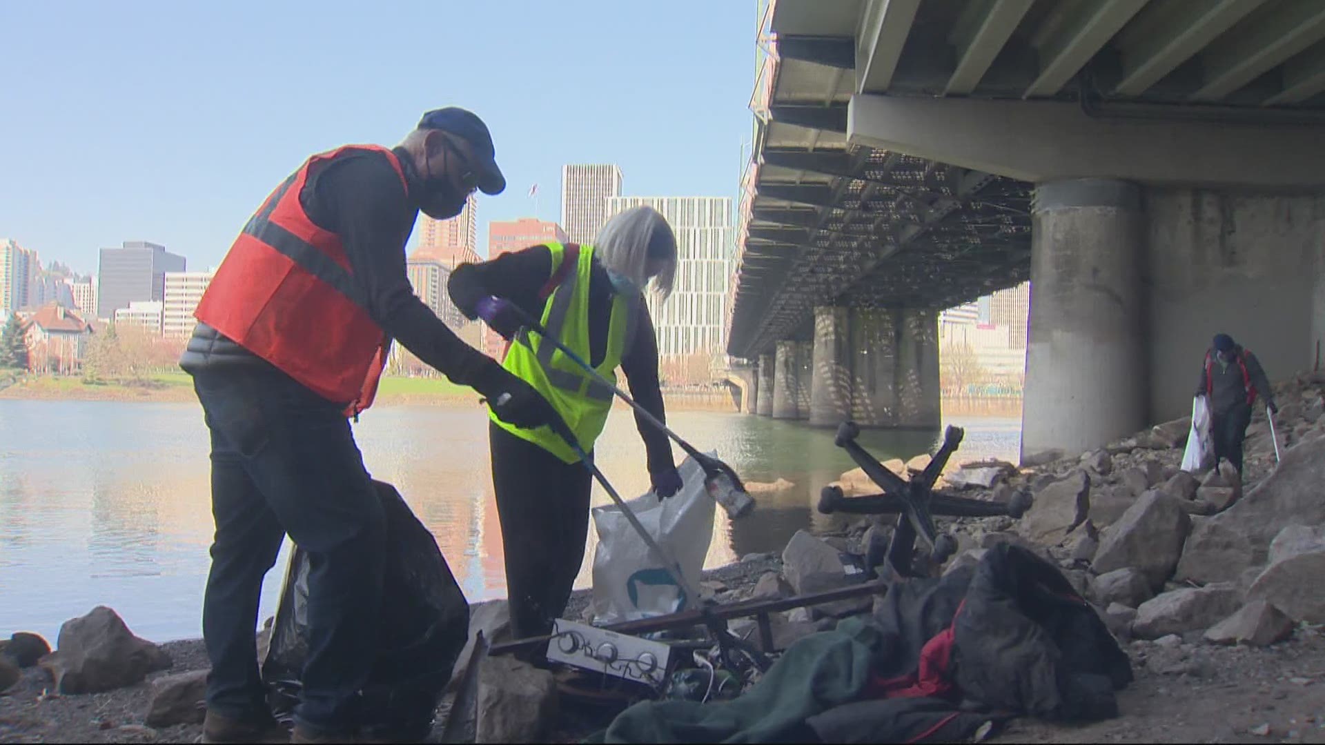 Volunteers from several local community groups hit the downtown Portland beaches to pick up tons of trash. Keely Chalmers was there.