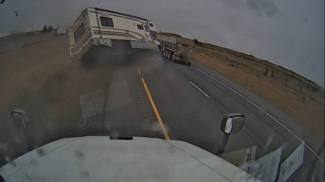 Motorhome flips over after clipping semi-truck on I-84 near Hermiston