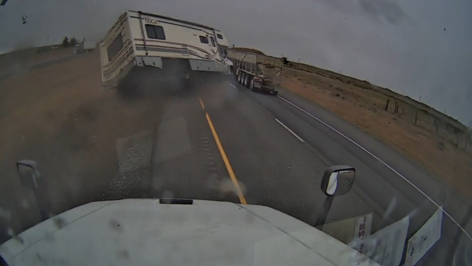 Video provided by Oregon State Police shows the crash from the cab of the semi. It happened on I-84 westbound near the Morrow-Umatilla county line.