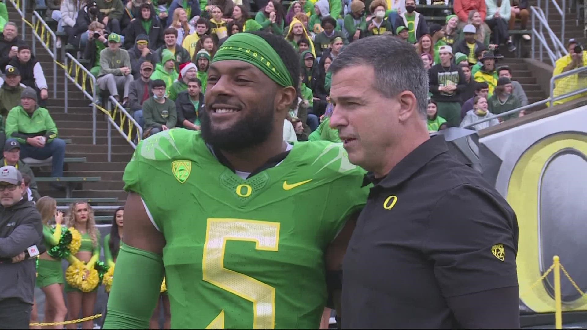 No. 11 Oregon Ducks defeated the Oregon State Beavers 38-29 in Saturday's rivalry game at Autzen Stadium. KGW's Orlando Sanchez reports live from the game.