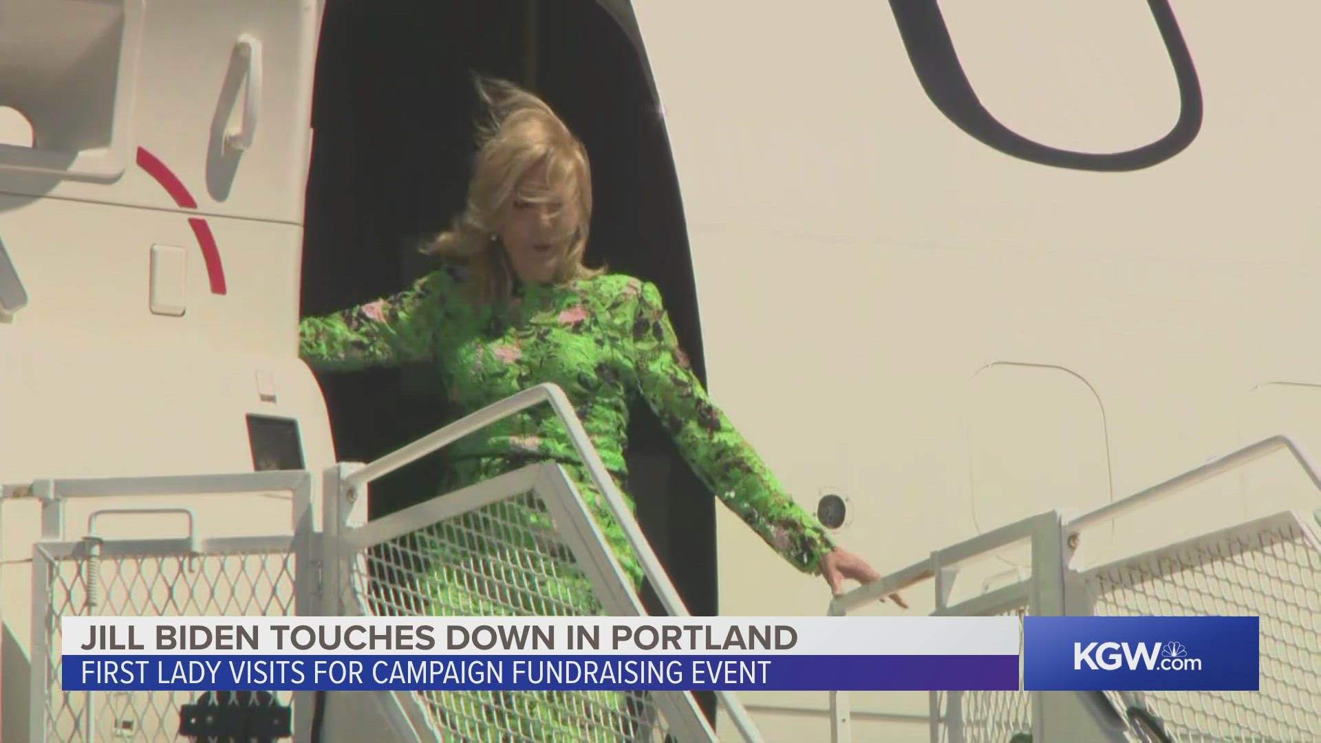 First Lady Jill Biden briefly stops in Portland, Oregon for a campaign finance event on May 9, 2024.