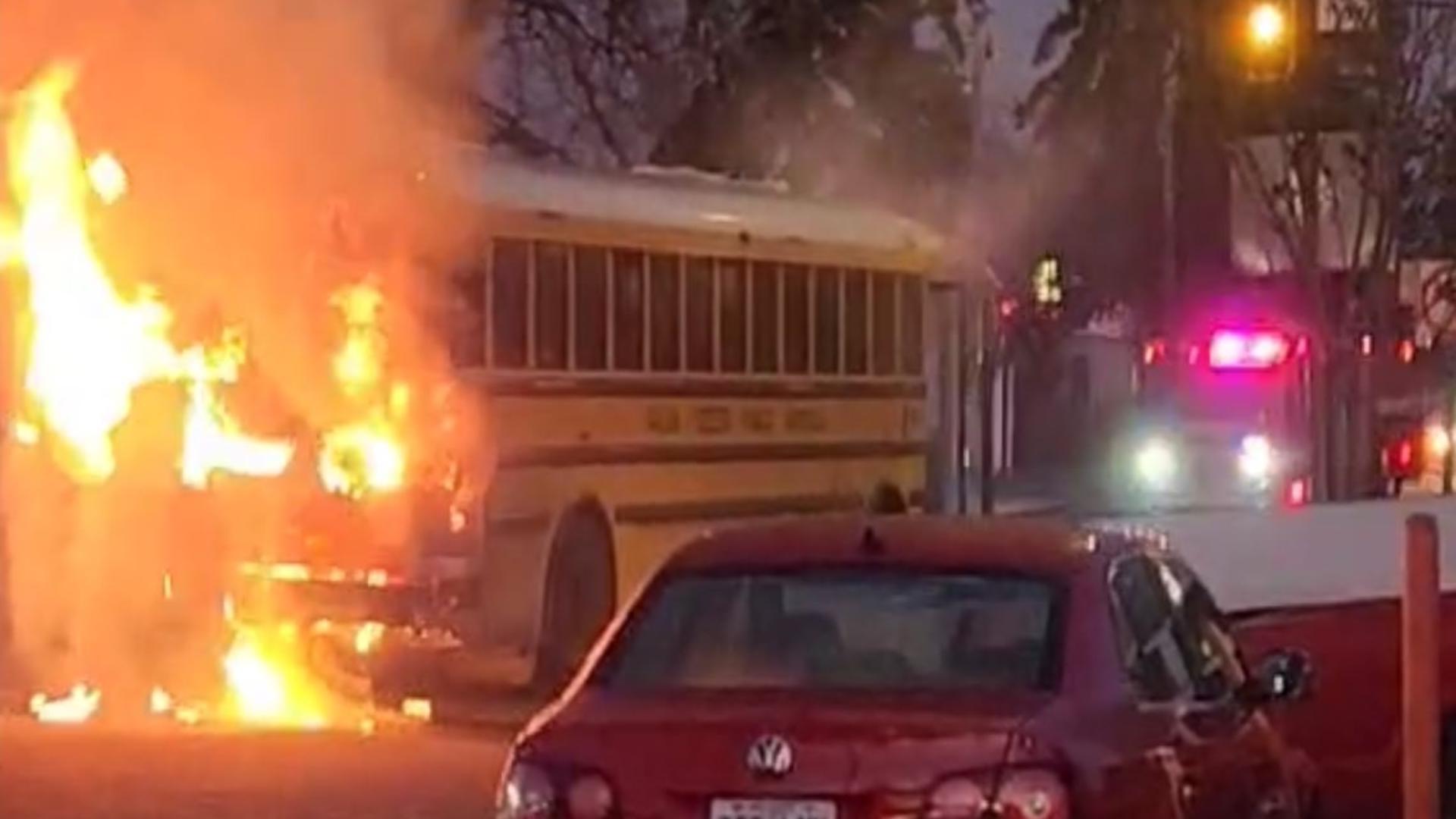 Passing motorist Joel Norwood filmed this video Tuesday afternoon. All nine children on the bus were evacuated with no injuries, according to Salem fire officials.