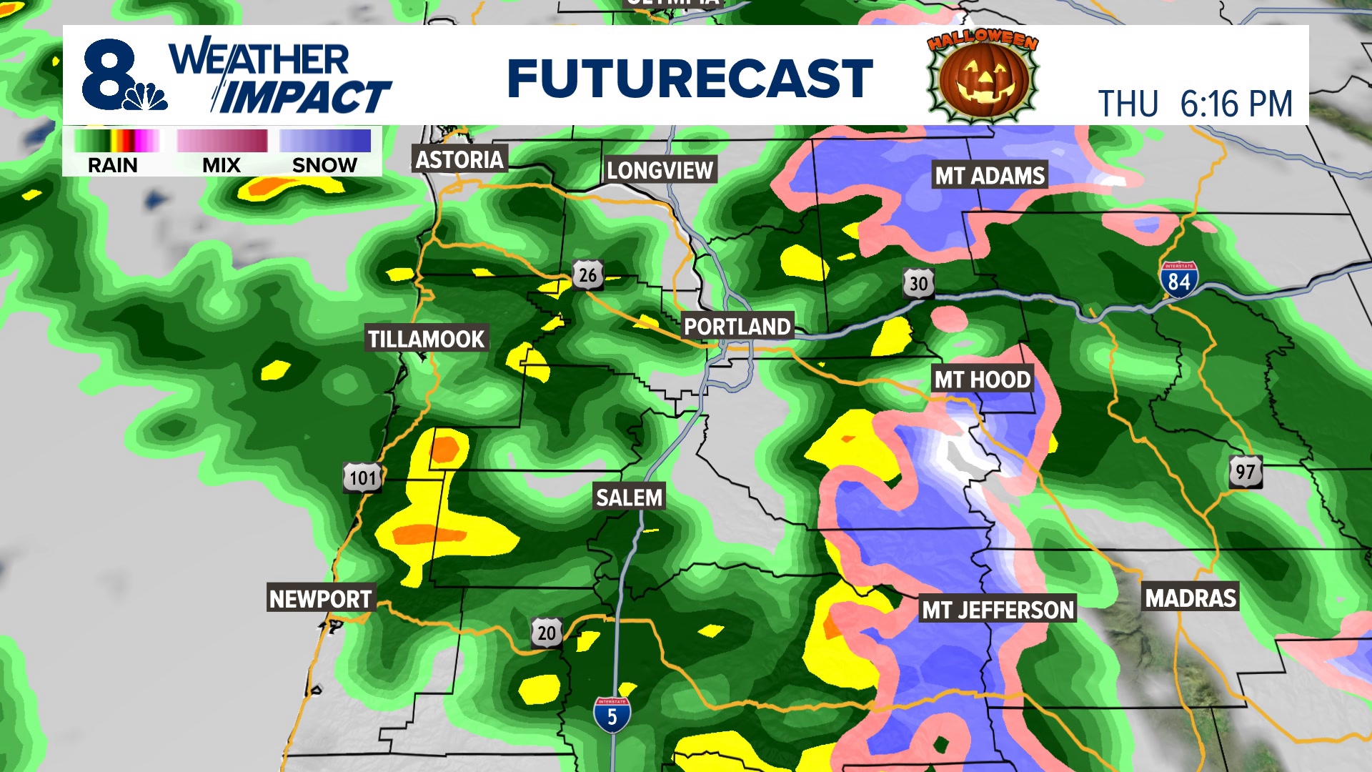 There's a high chance of rain in the forecast for Halloween night in the Portland area, with peppered showers expected through Thursday evening.