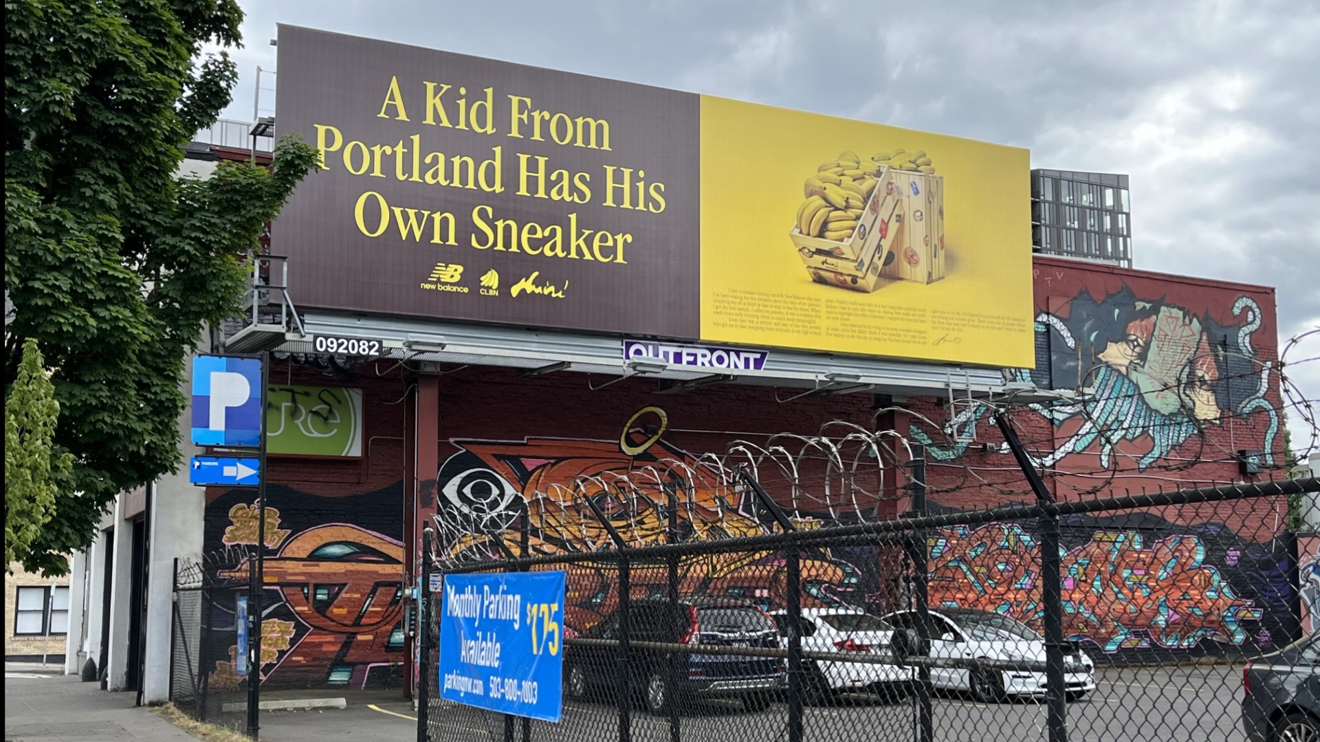 Aminé, a Portland rapper, teased his new sneaker partnership on a billboard in Northeast Portland.