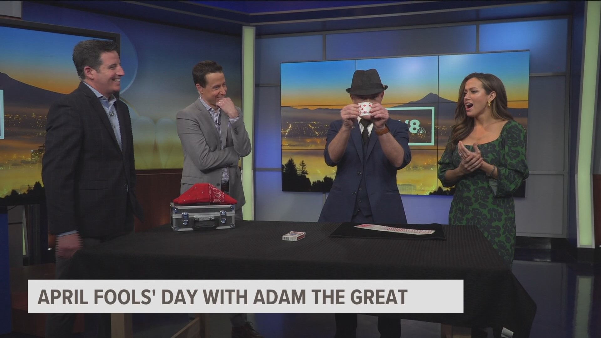 Adam the Great visits the KGW Studio to fool the Sunrise team with some April Fools' Day magic.