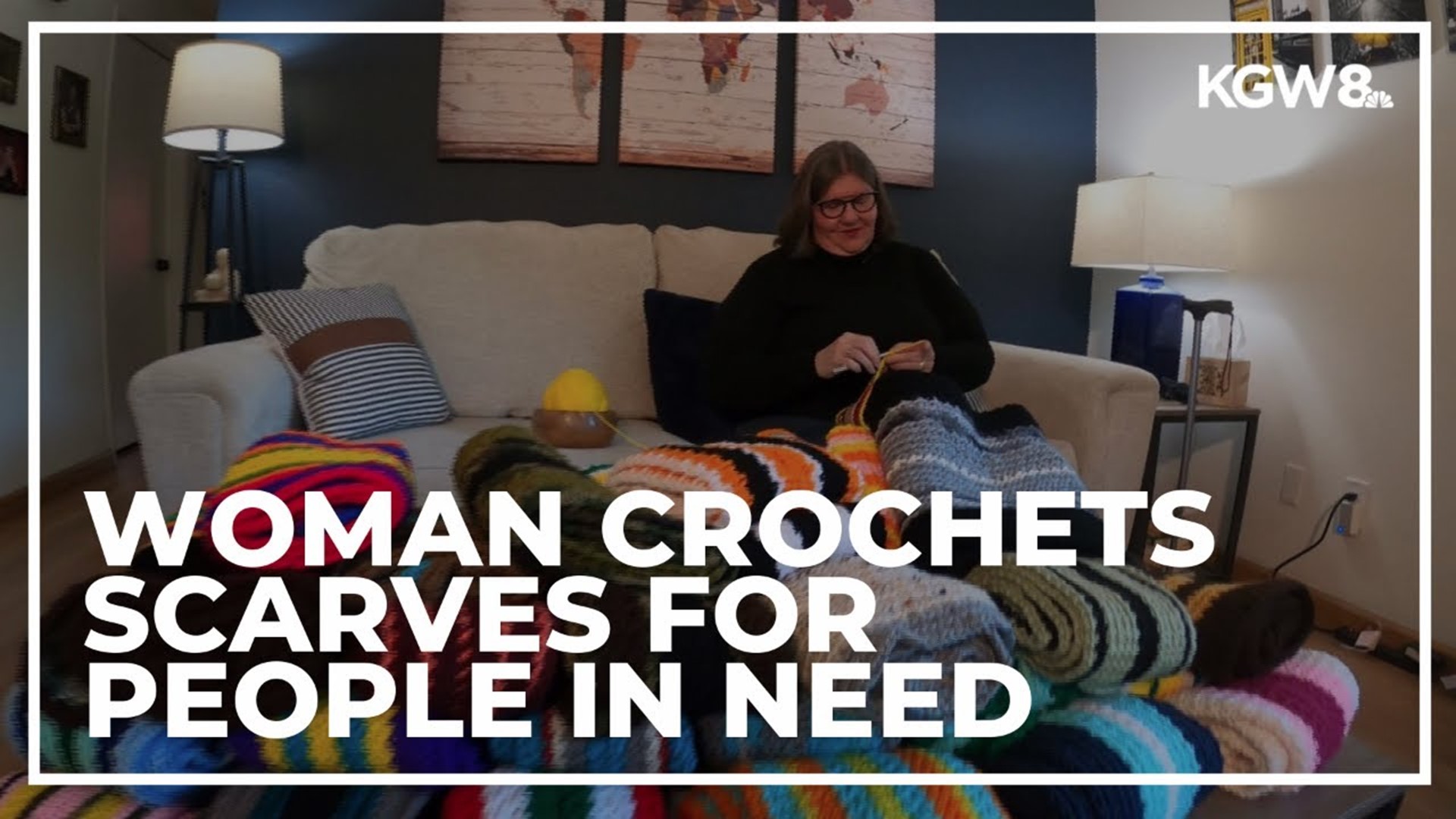 Judy Switzer started crocheting the scarves when the pandemic hit. She didn't know what to do with them until she saw the houseless population on Portland's streets.