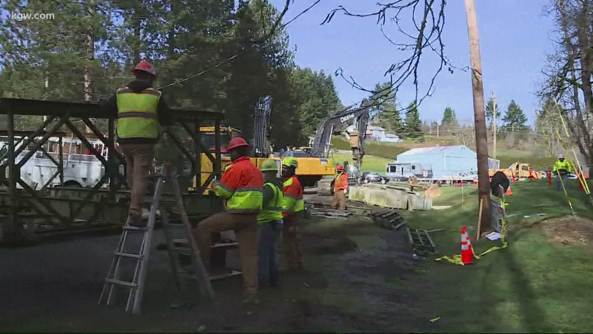 ODOT installed an emergency bridge in the community of Damascus after a sinkhole trapped some residents in their neighborhood.
