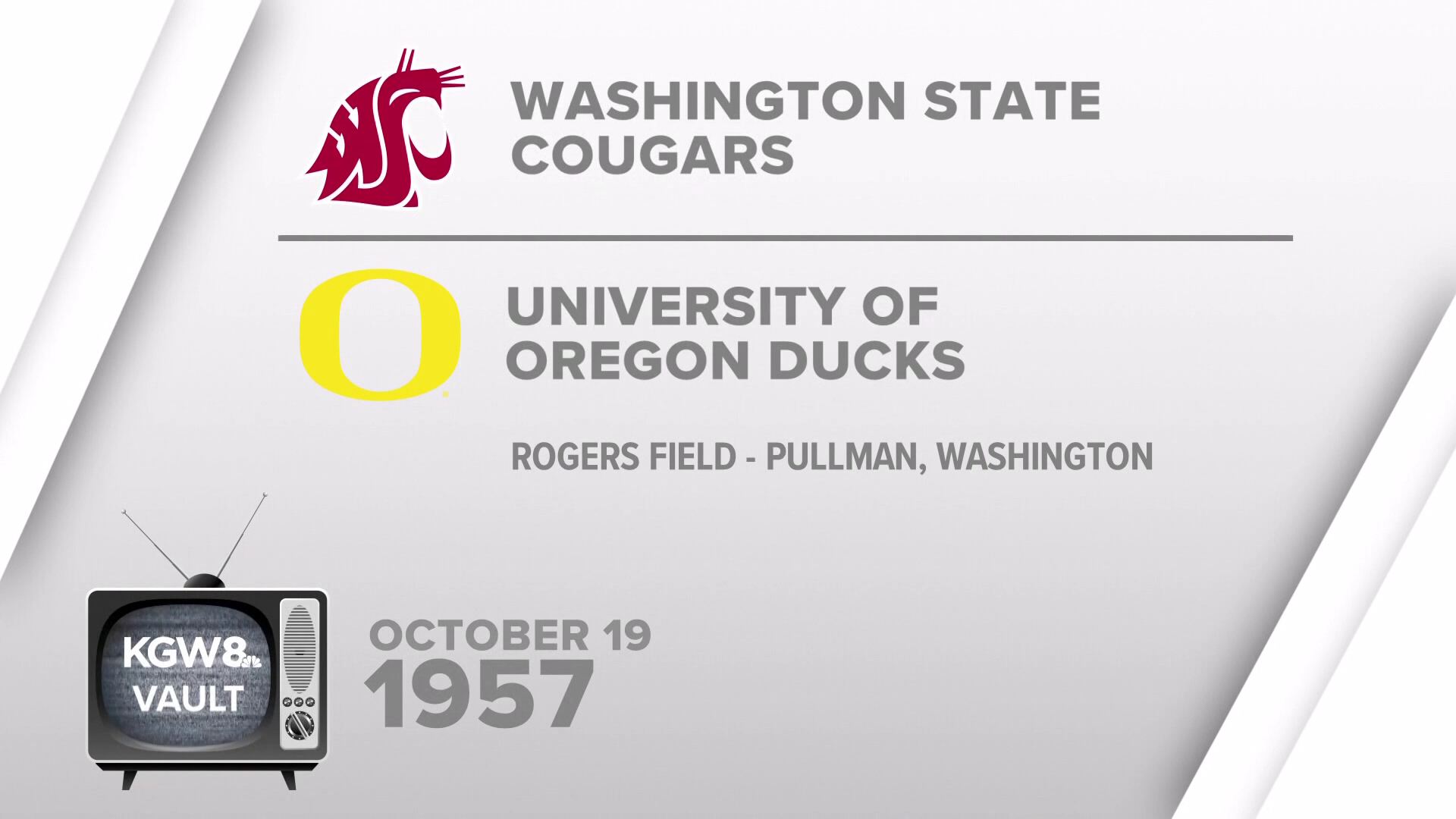 The complete football match-up between the University of Oregon Ducks and the Washington State Cougars filmed live at Rogers Field, Pullman, October 19th, 1957