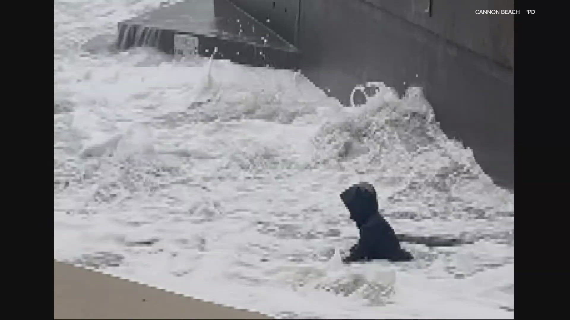 A video shows a woman getting swept underneath some sneaker waves but getting back to higher ground.