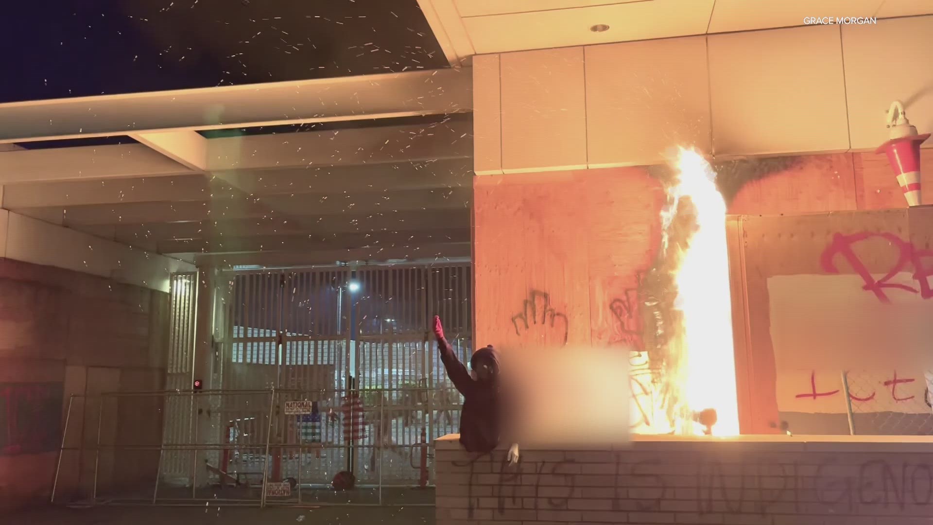 Video courtesy of Grace Morgan. A small fire was set outside the ICE building in Portland during a protest on Saturday, April 10.