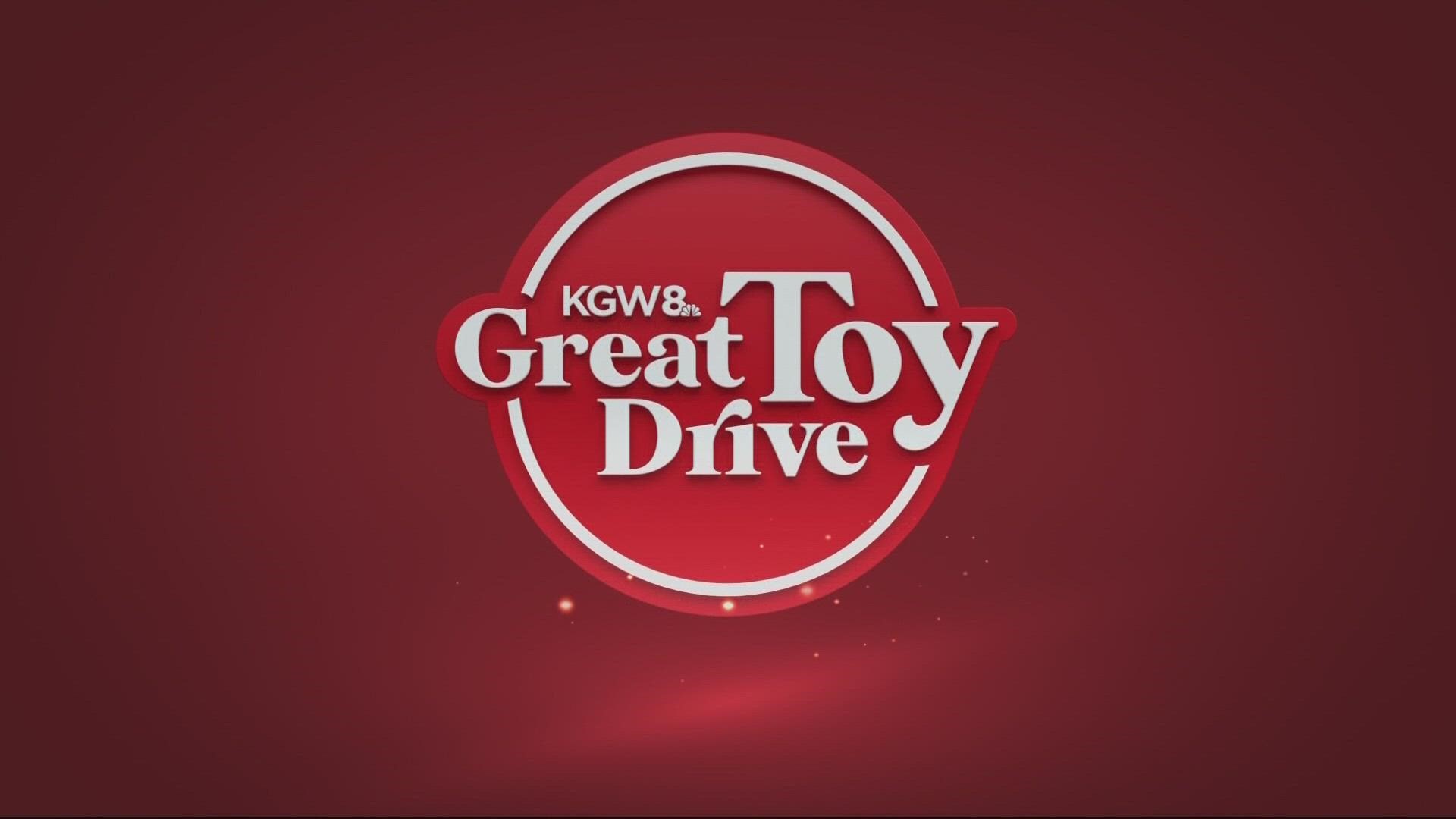 The KGW Sunrise team of Drew Carney, Christine Pitawanich and Rod Hill visit area and surprise kids with toys.