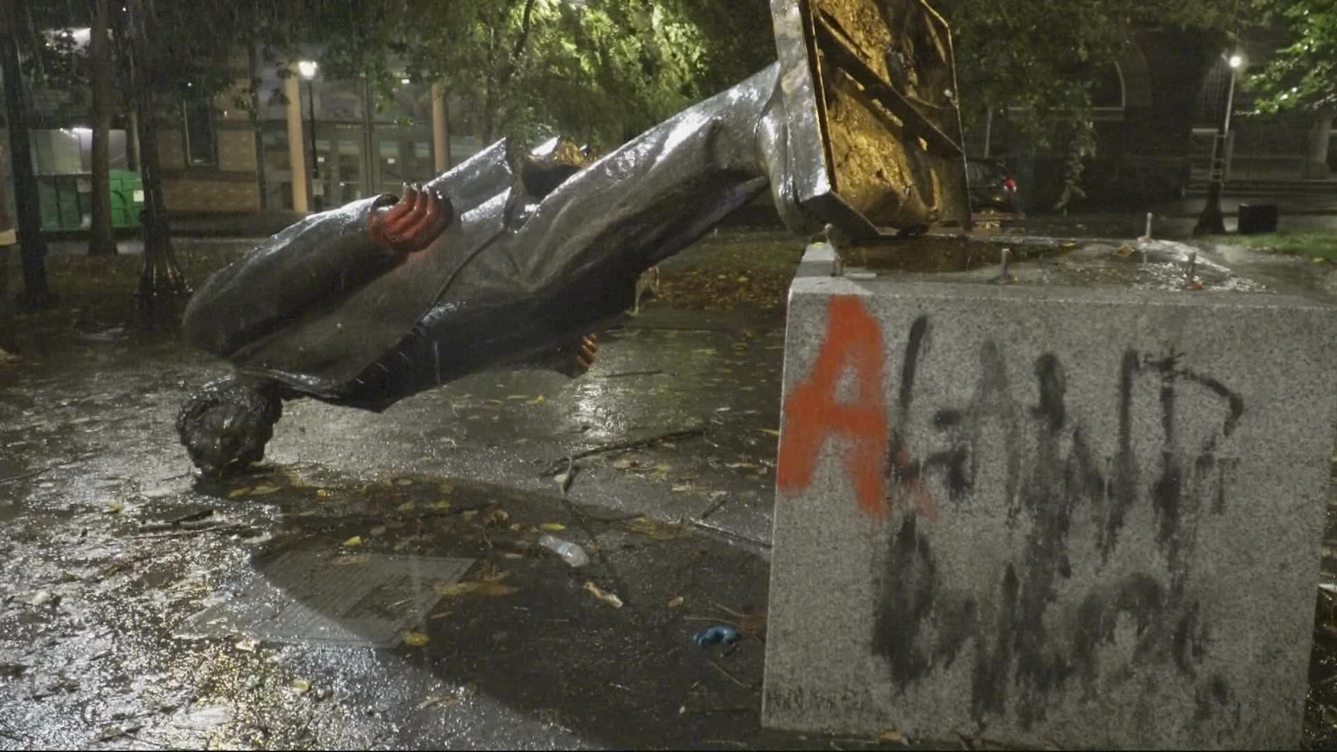 Protesters tore down the Lincoln and Roosevelt statues in downtown Portland's park blocks during last year's protests. They won't be returned to their original spot.