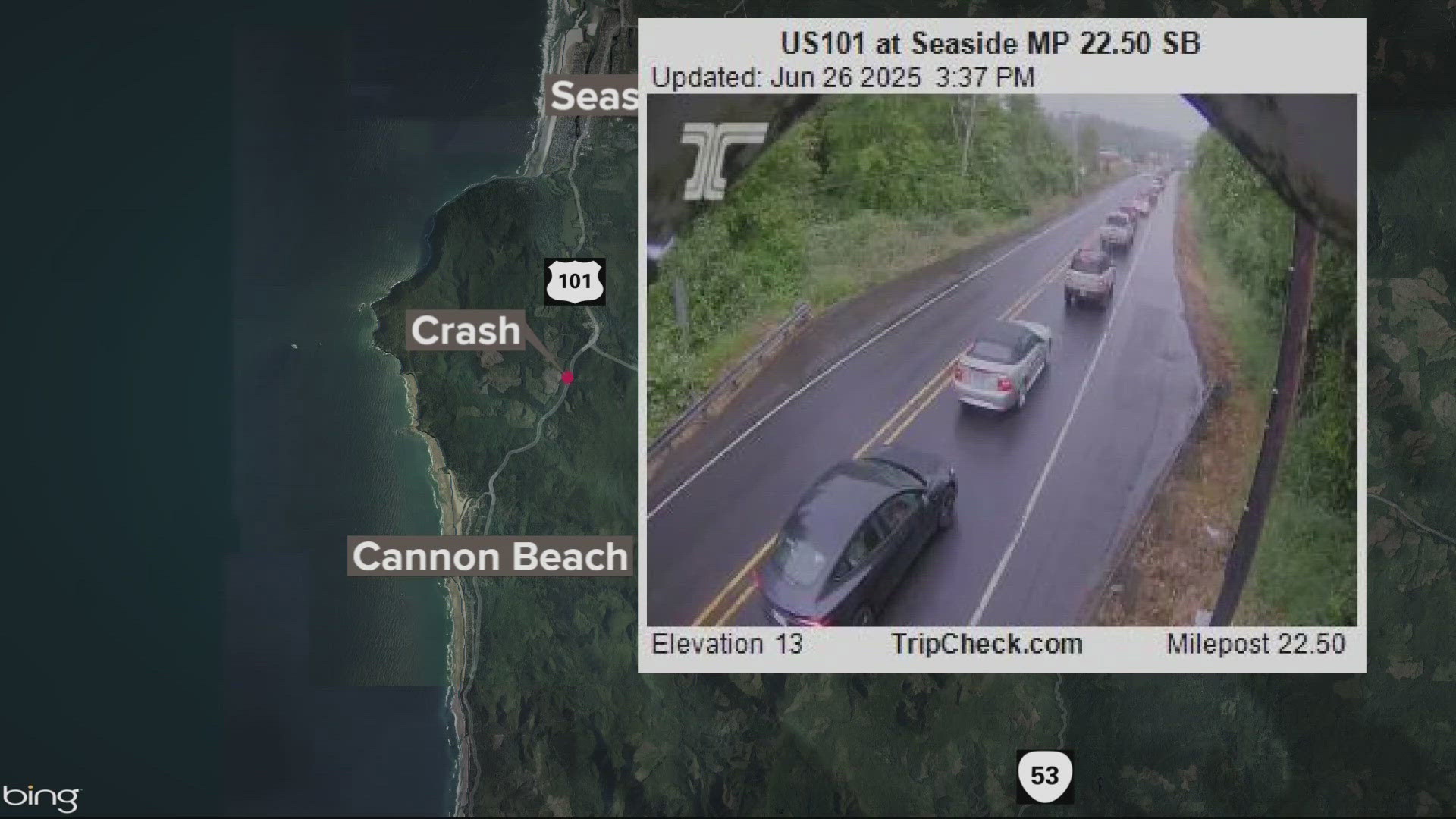 Highway 101 near Cannon Beach closed for over 90 minutes due to a serious crash. No info yet on victims; drivers must detour via Highway 53.