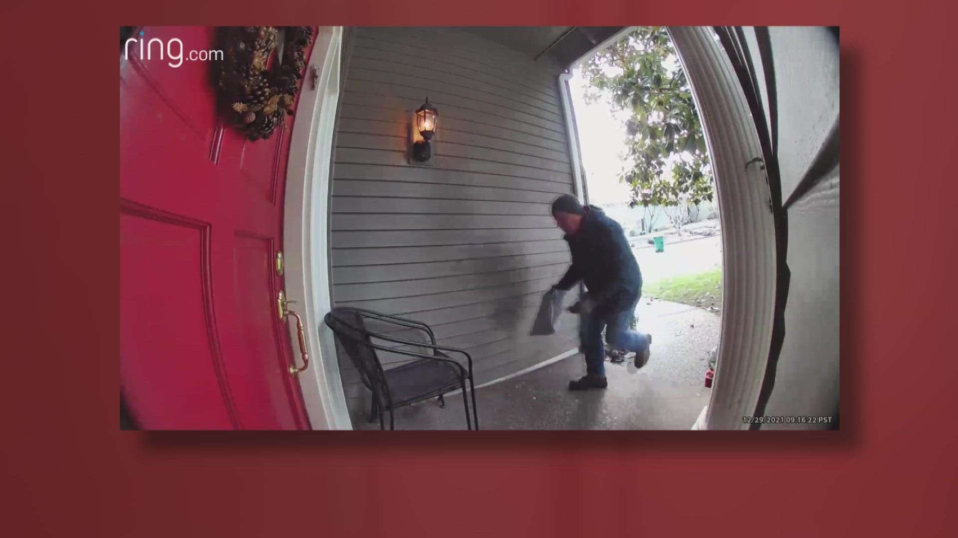 The homeowner was out of town when his security camera alerted him to his neighbor's good deed.