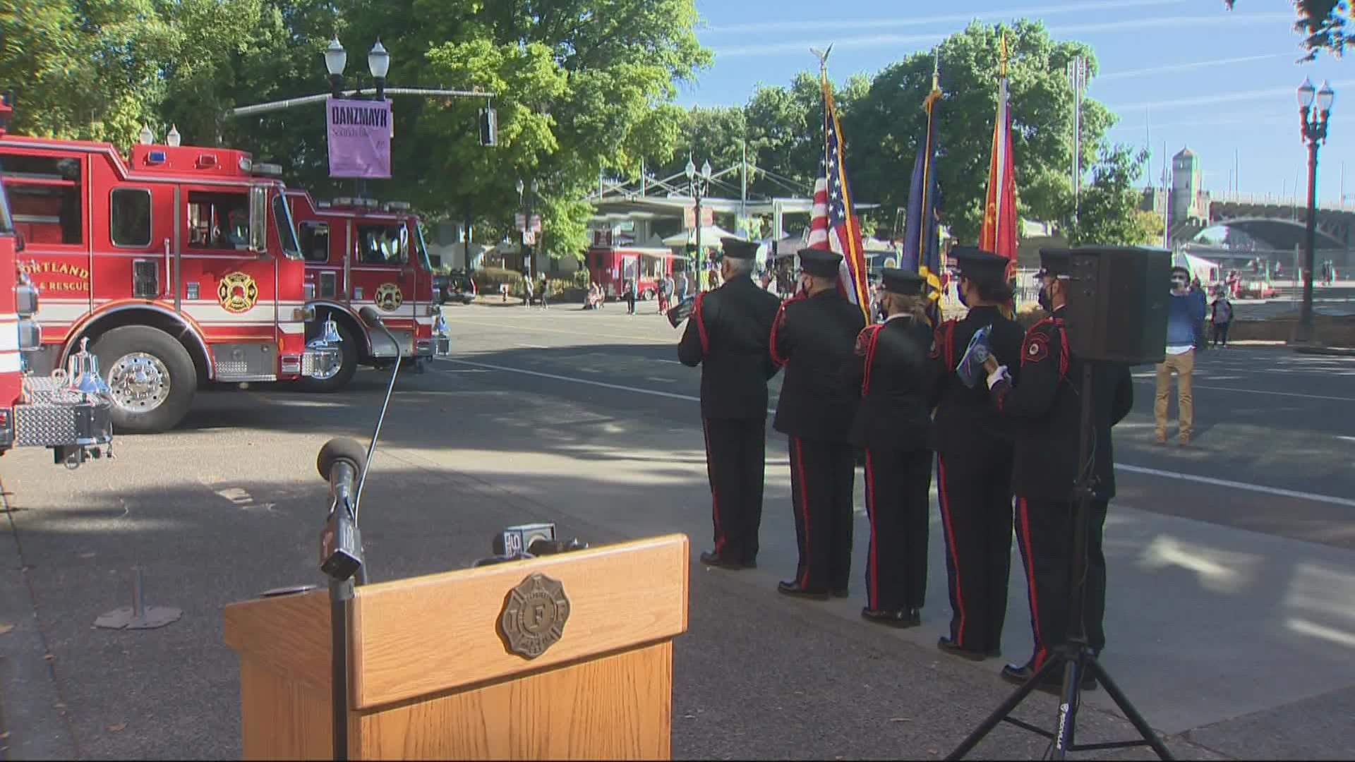 Portland firefighters, some of whom responded to New York after the attacks on Sept. 11, 2001, held a remembrance ceremony Saturday.