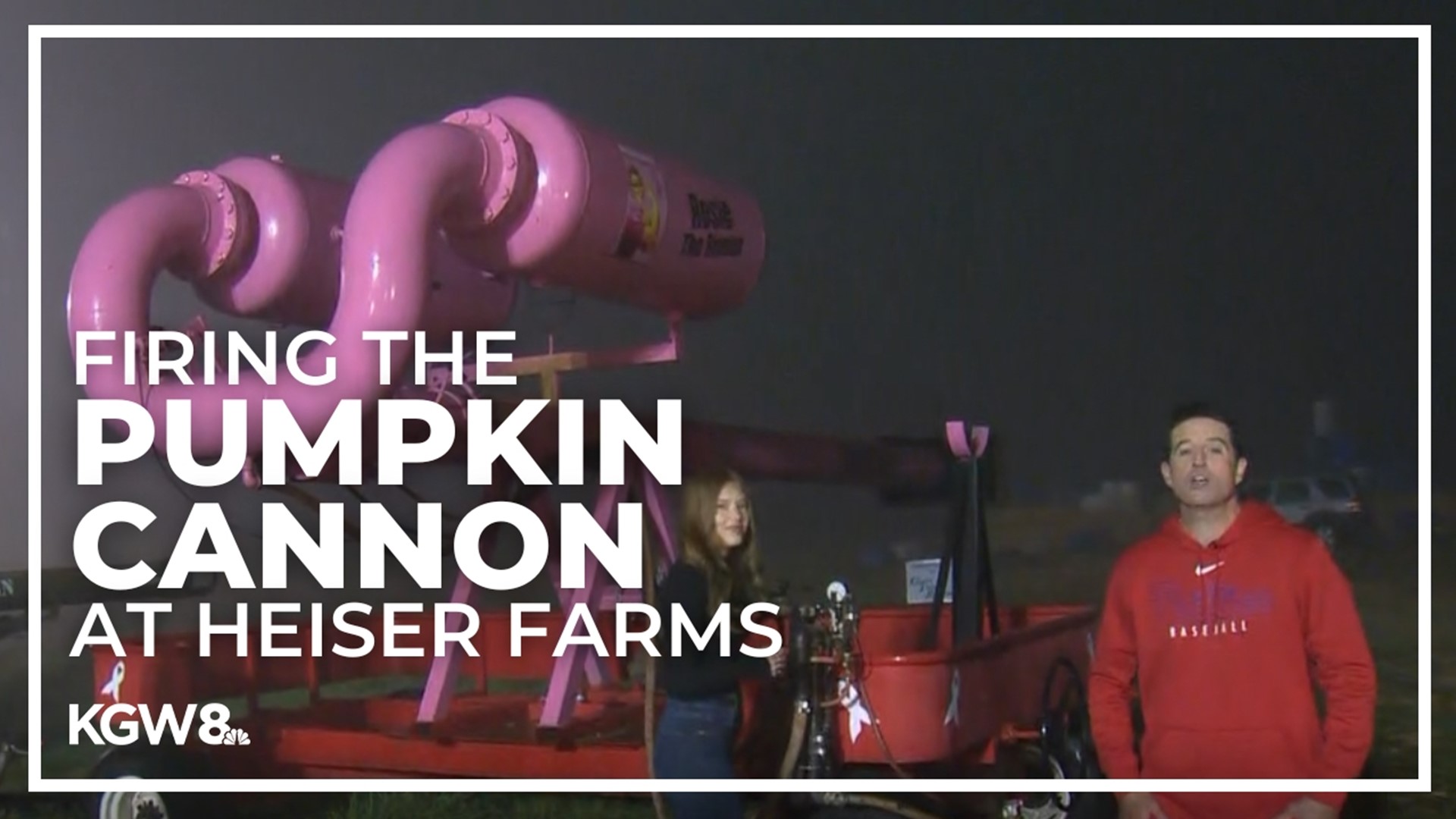 KGW's Drew Carney went out to watch pumpkins being fired from pumpkin cannons at a donated used car at Heiser Farms Pumpkin Patch in Dayton, Oregon.