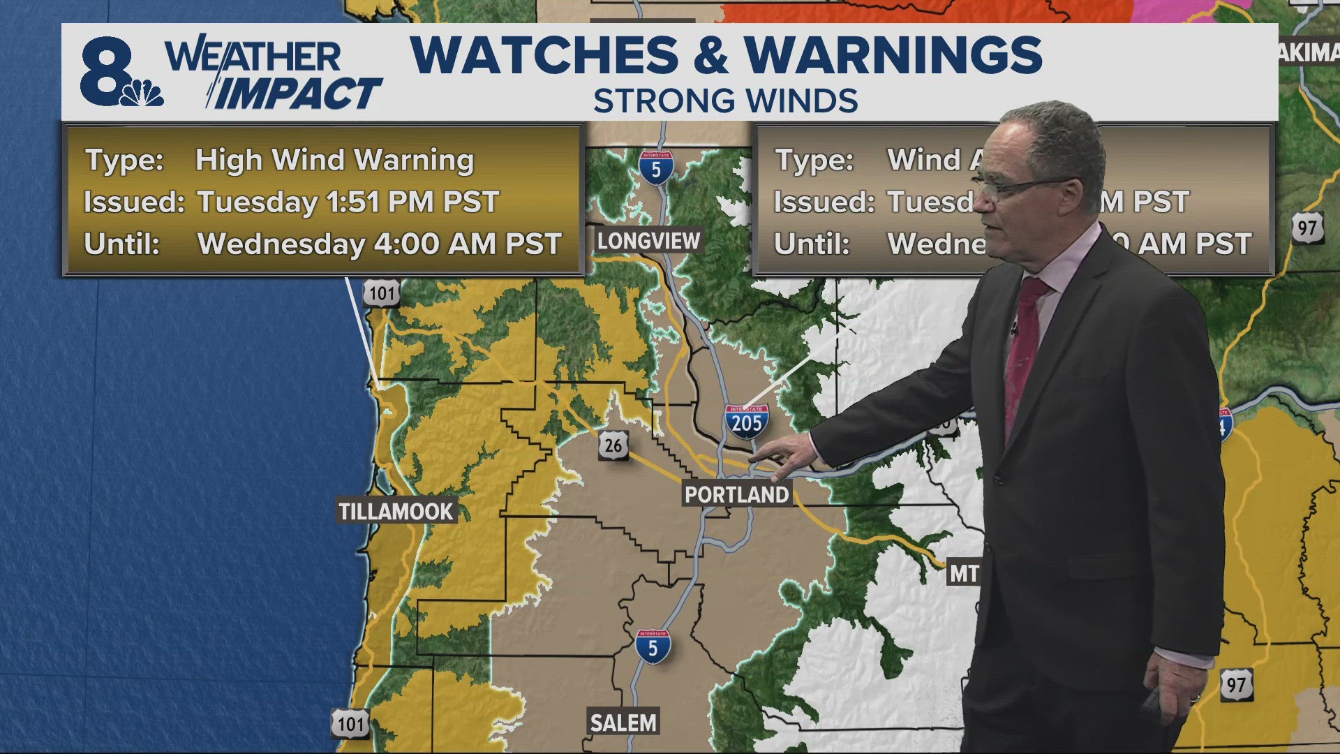 Winds remained relatively calm in downtown Portland and the central valley early Tuesday evening, but places further east and west began seeing stronger peak gusts.