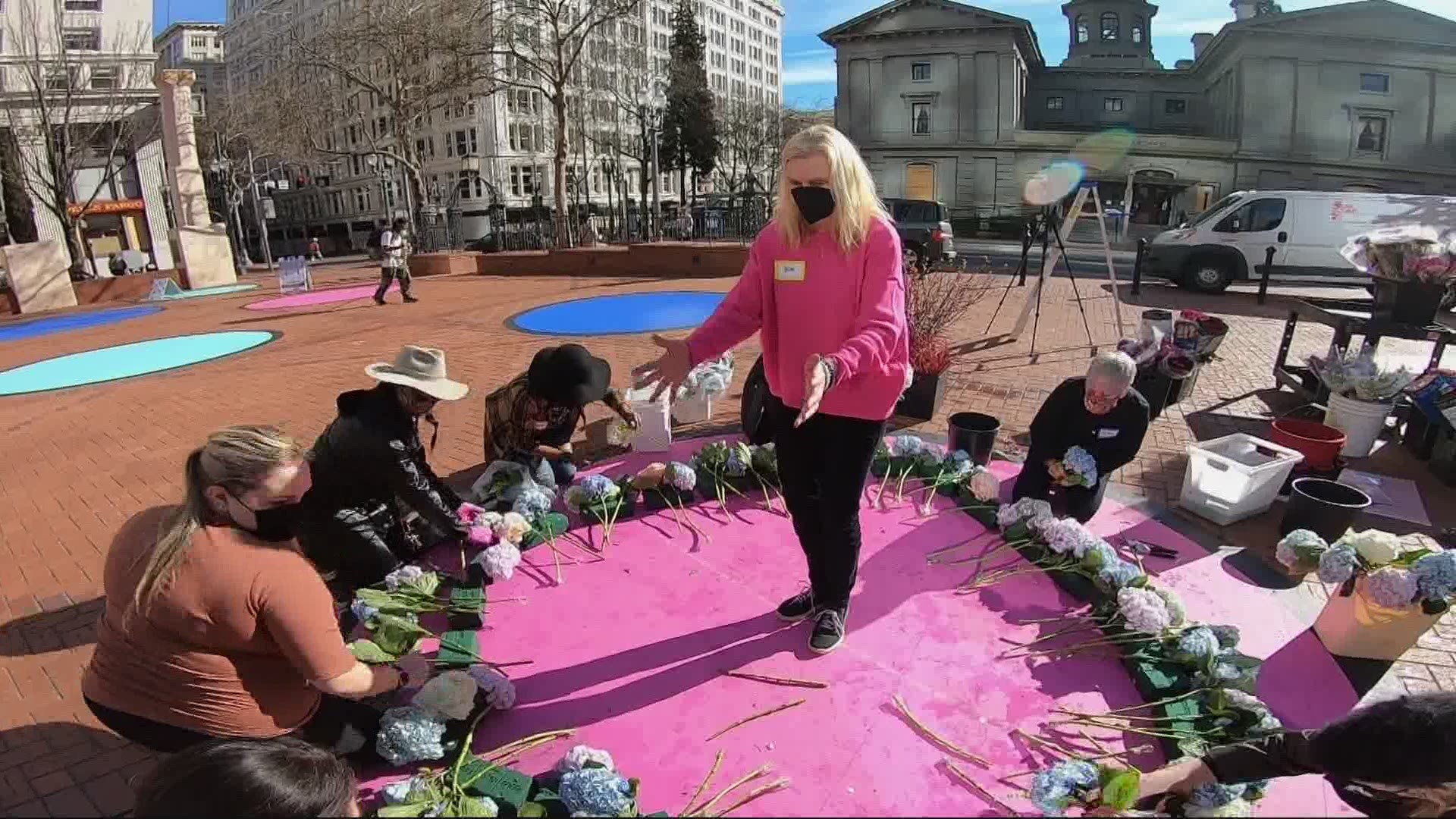 COVID-19 memorials were created in downtown Portland as the Floral Heart Project held events across the country to honor victims and survivors of the coronavirus.