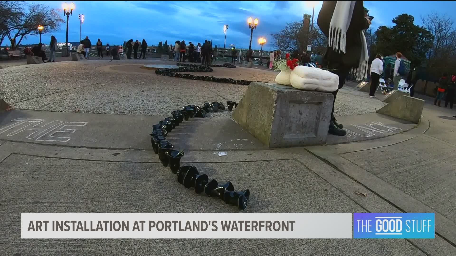 Inspired by "The Killing of the Black Snake," this sculpture encourages people to move, smash or take the pieces, removing the threat of the snake.