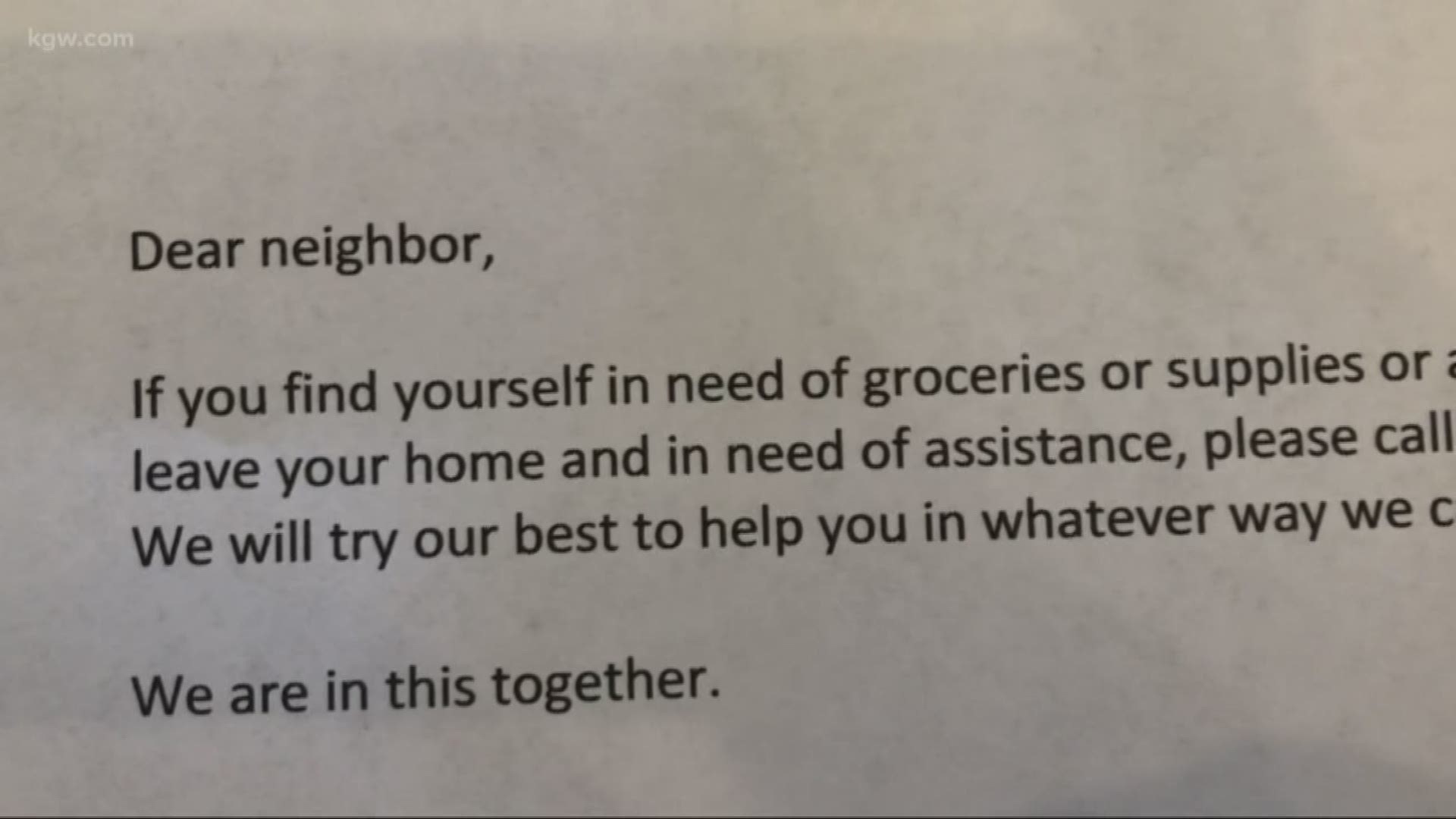 More than ever, it's important to check in on your neighbors and people who live along. KGW's Ashley Korslien has an idea about how you can safely do your part.