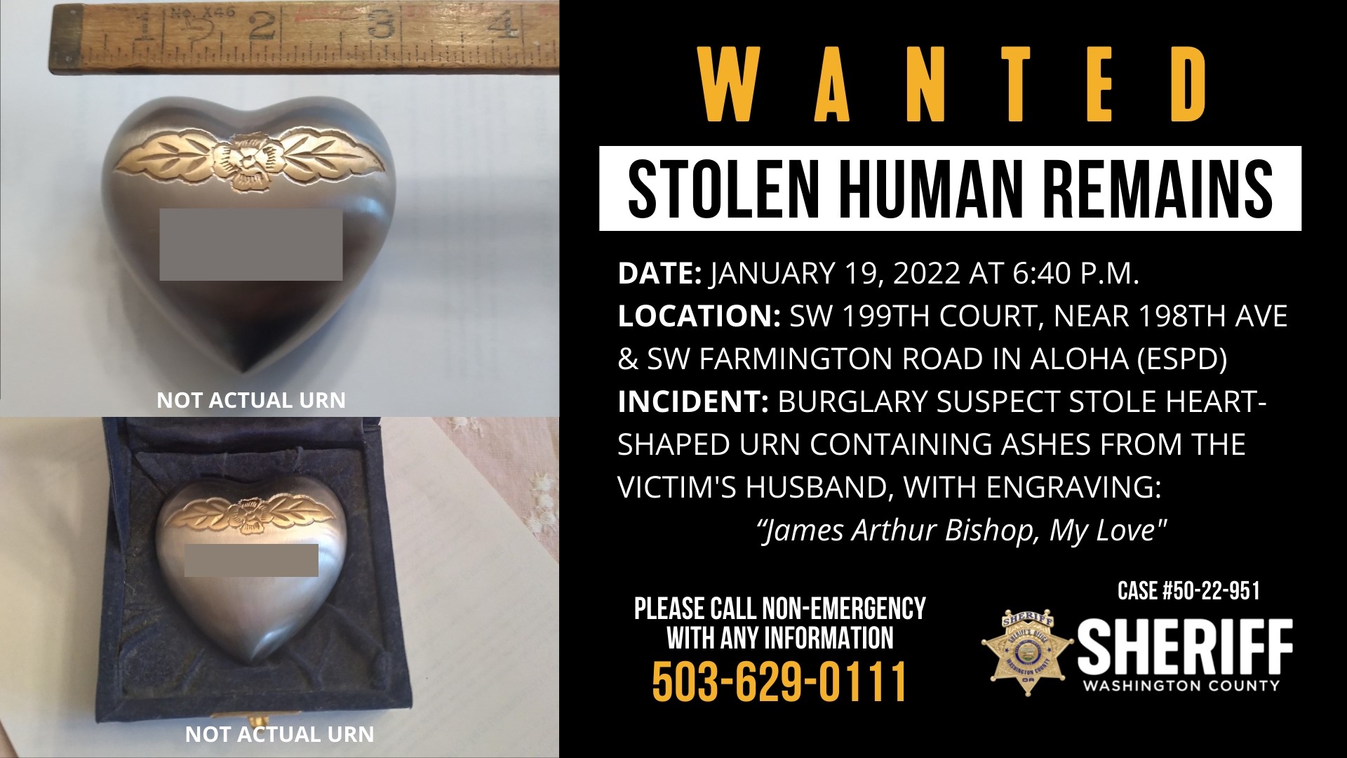 Washington County Sheriff's Office trying to locate stolen urn | kgw.com