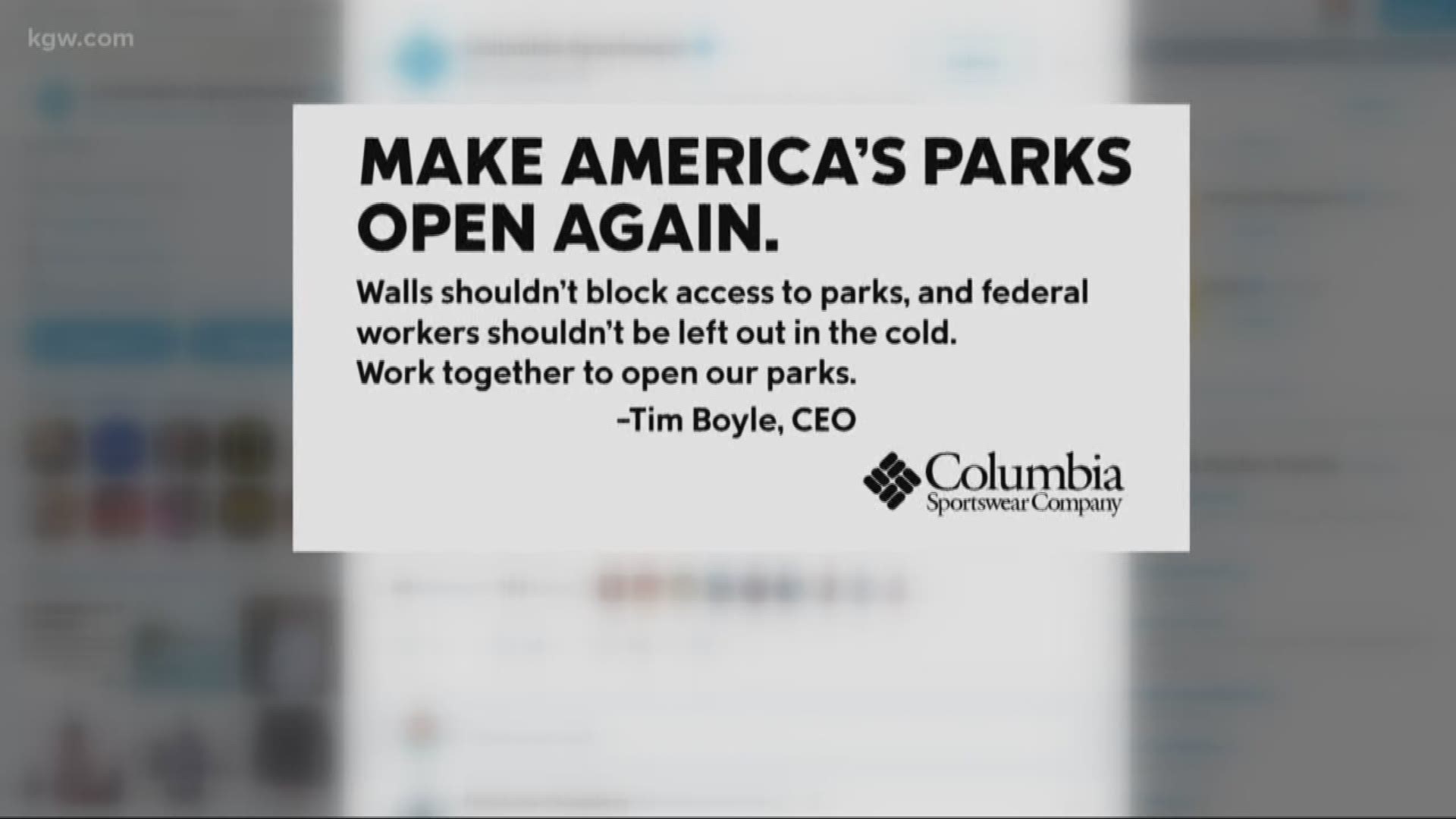 Columbia Sportswear’s CEO says congress should open our national parks.