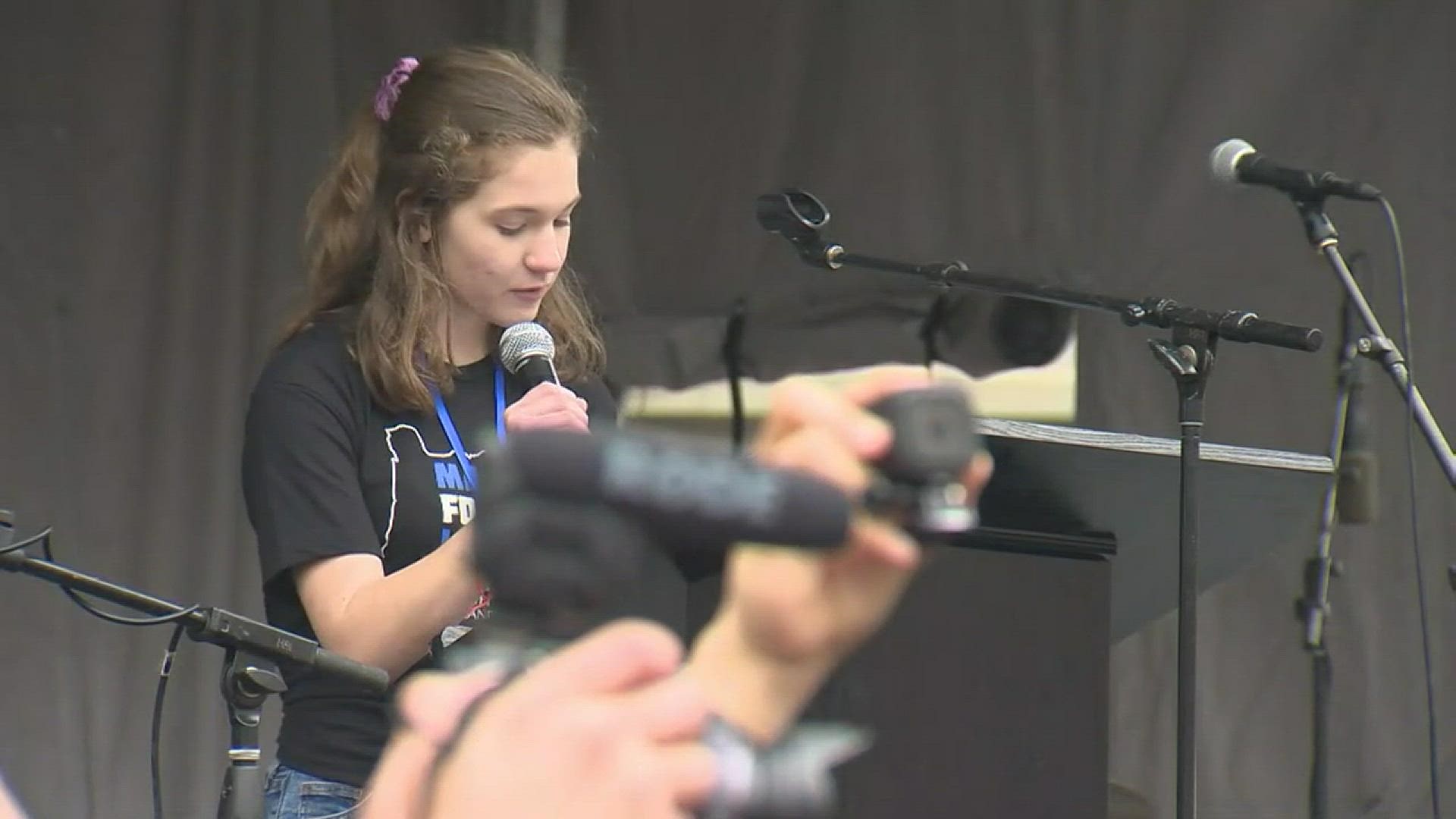 Student organizer Eliana Andrews says people must demand change to prevent gun violence during her speech at Portland's March for Our Lives rally.