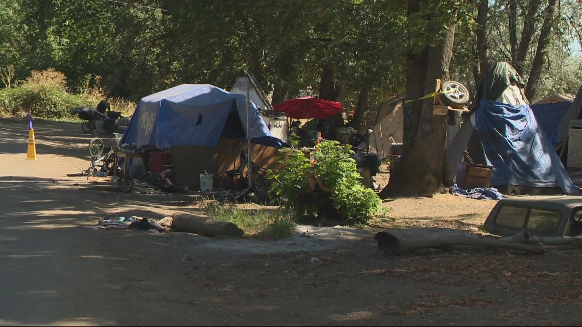 About 50 people live in a homeless encampment along the Peninsula Crossing Trail in North Portland.