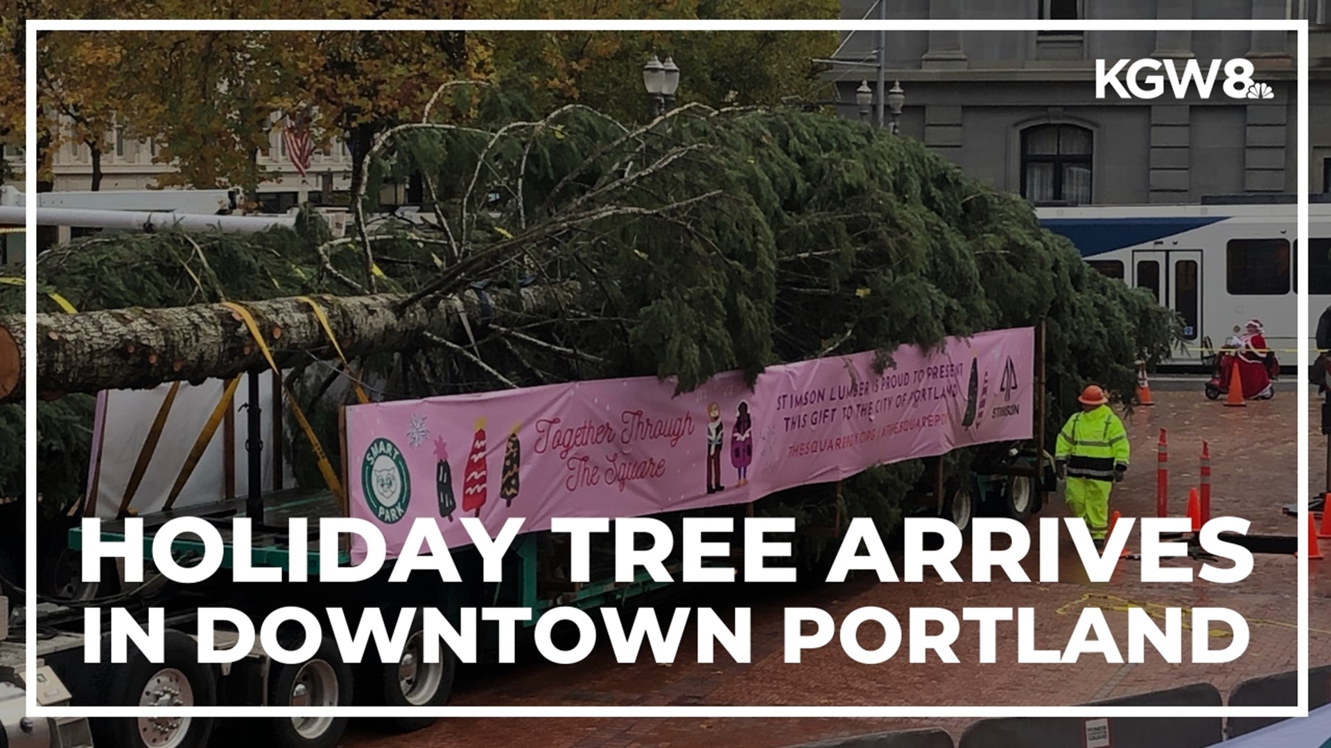 The 75-foot Douglas fir arrived Friday morning in Pioneer Courthouse Square in downtown Portland.