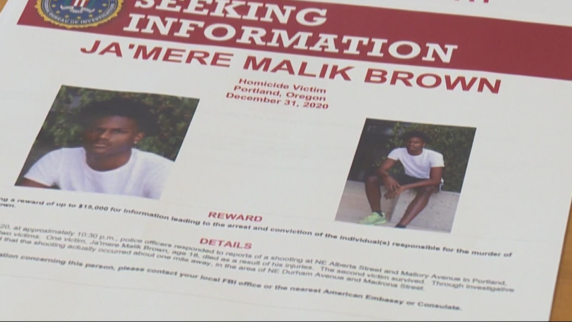Ja’mere Brown was 18 years old when he was killed in a shooting on New Year’s Eve in 2020. The FBI is adding more money to a reward for information about his killer.