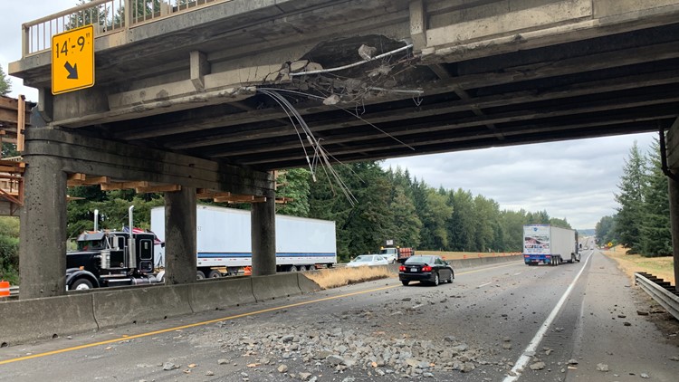 Truck strikes overpass that was already undergoing partial replacement for a previous truck strike on I-5 in Lewis County