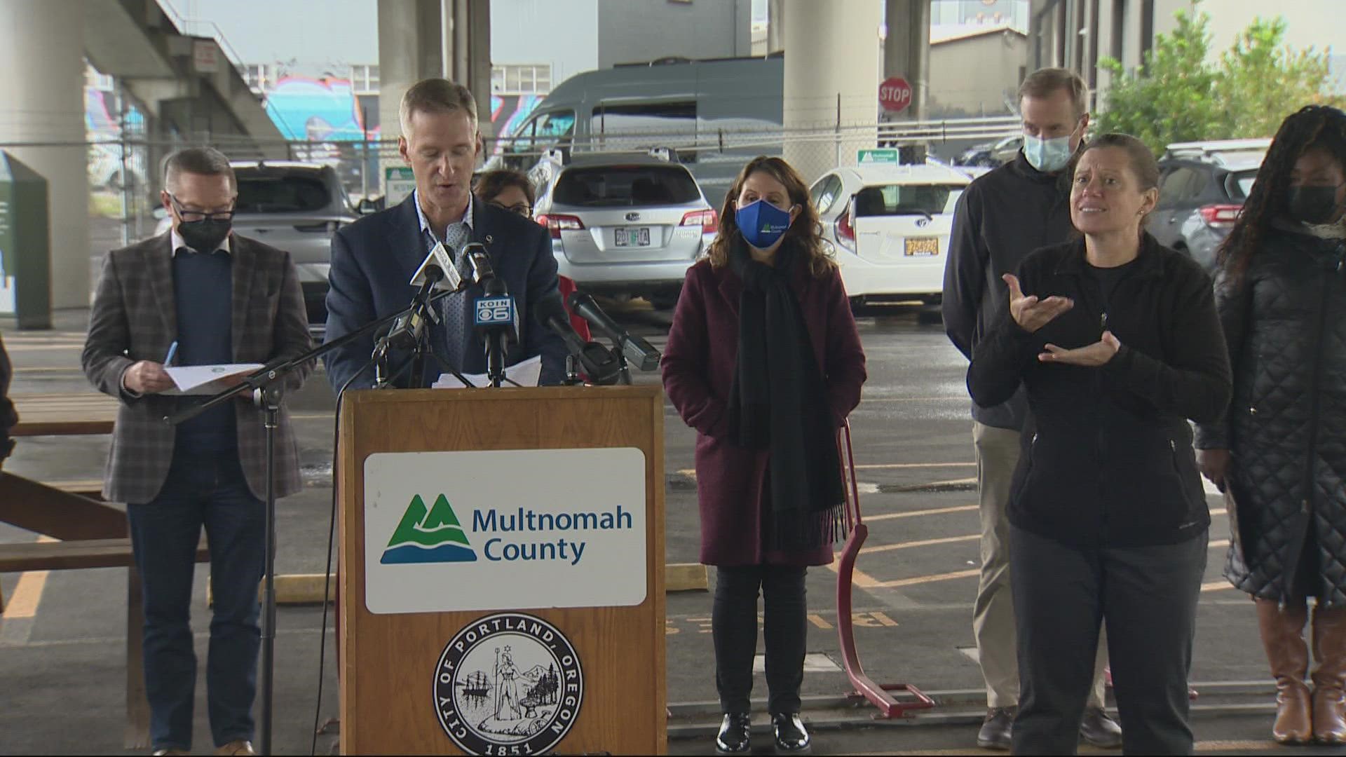 Portland and Multnomah County officials announced $38 million in new homeless aid programs on Monday. The funding comes from an unexpected fall budget surplus.