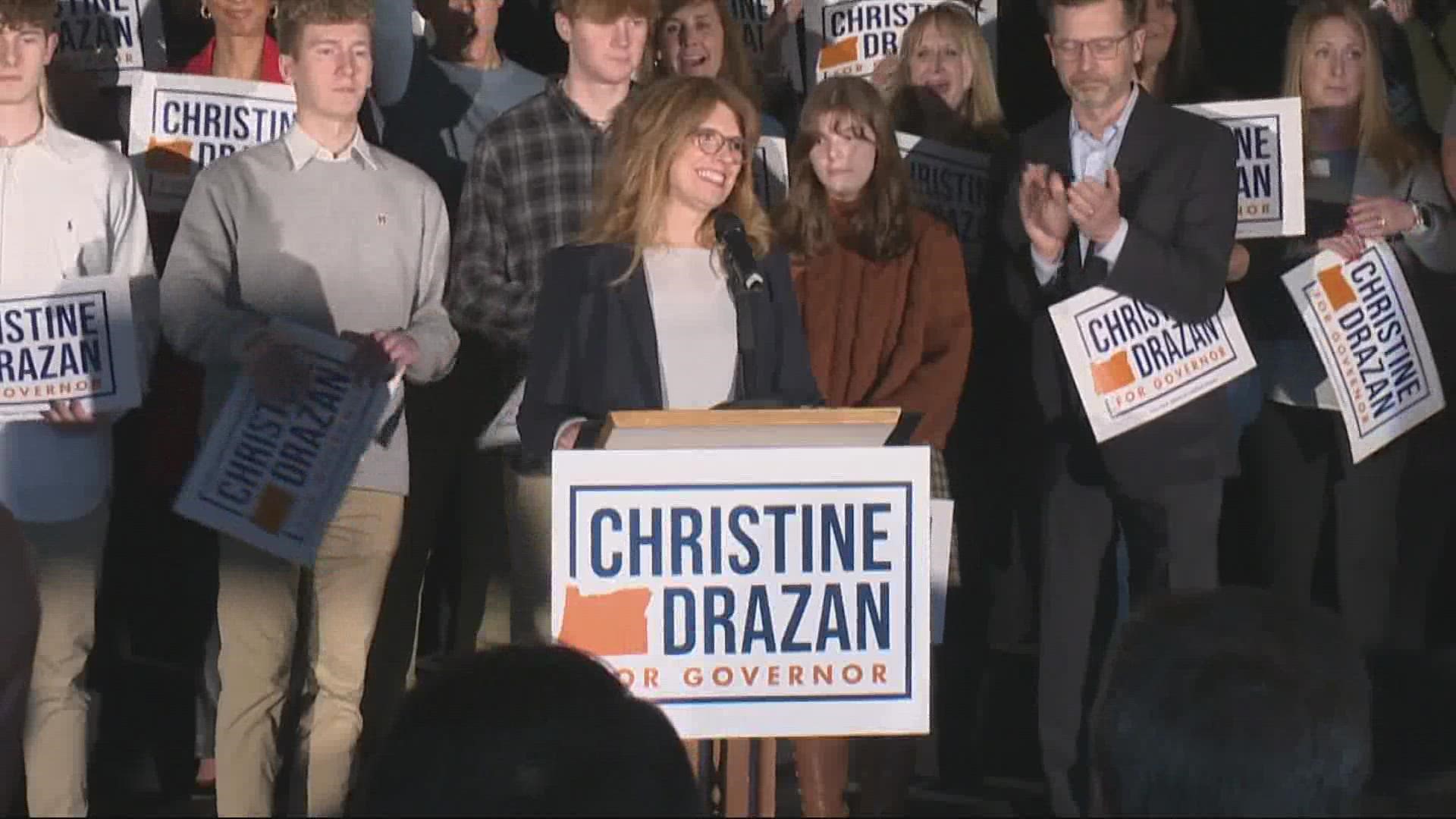 At her campaign kickoff, Drazan said she would clean up Portland, support police and get tough on crime and cut taxes for small businesses and families.