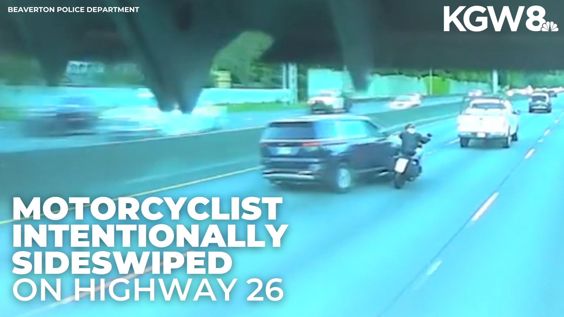 Dash cam video shows the minivan abruptly swerve to the right to sideswipe the motorcyclist, pushing him across two lanes of traffic. 