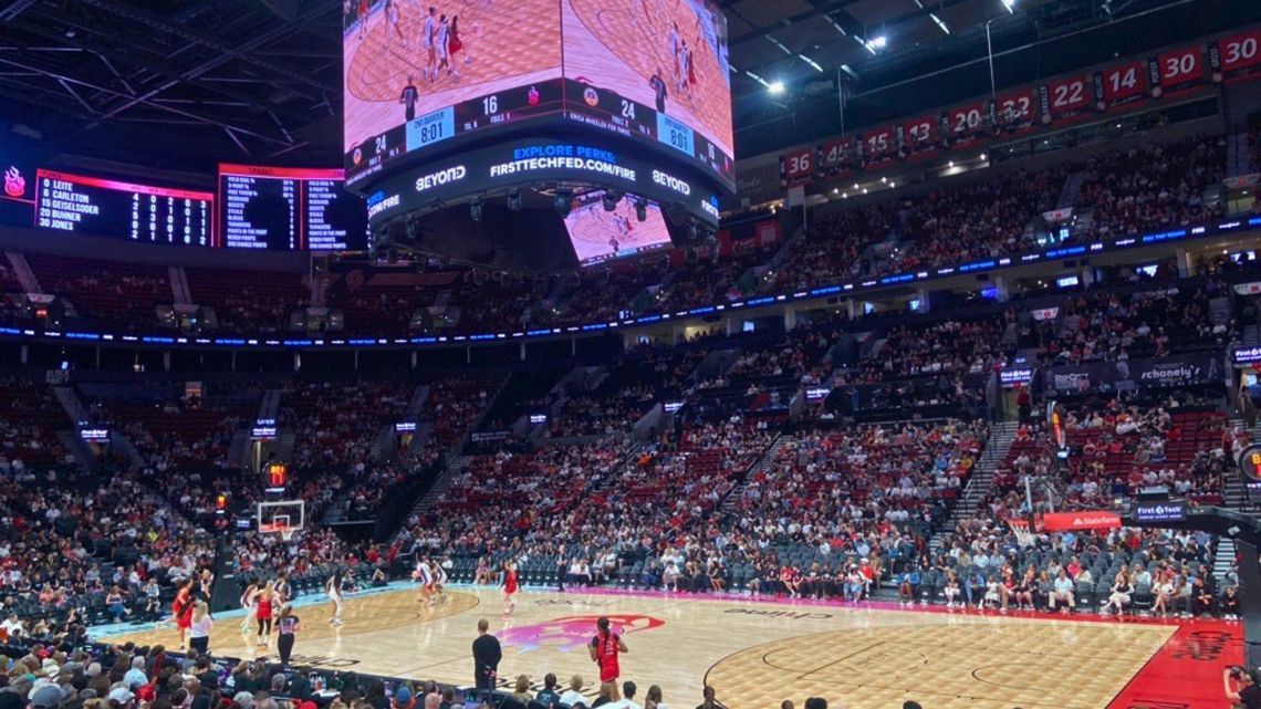 Ex-UConn center Serah Williams scored 12 points and grabbed eight rebounds off the bench to lead the Portland Fire in their first appearance at the Moda Center.