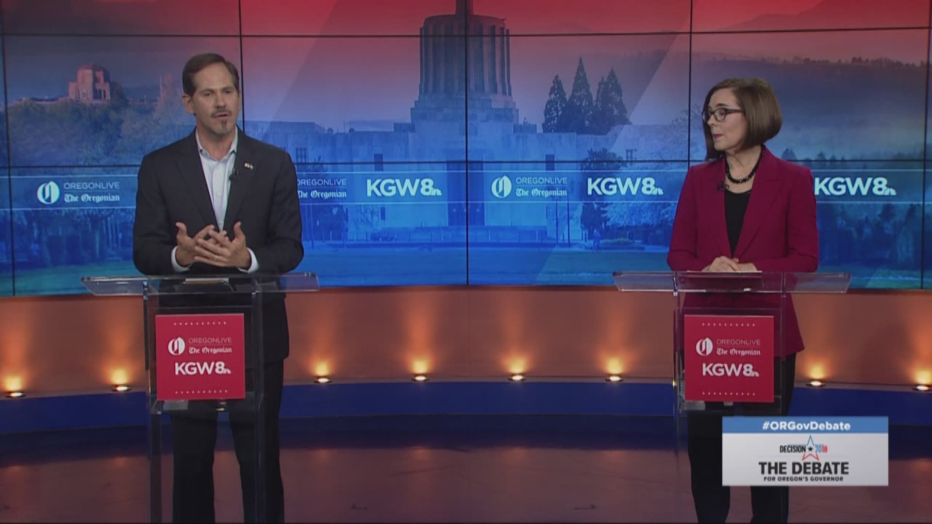 Gov. Brown, Rep. Buehler discuss homelessness and affordable housing in Oregon during a debate on KGW. Debate aired on Oct. 9, 2018.
