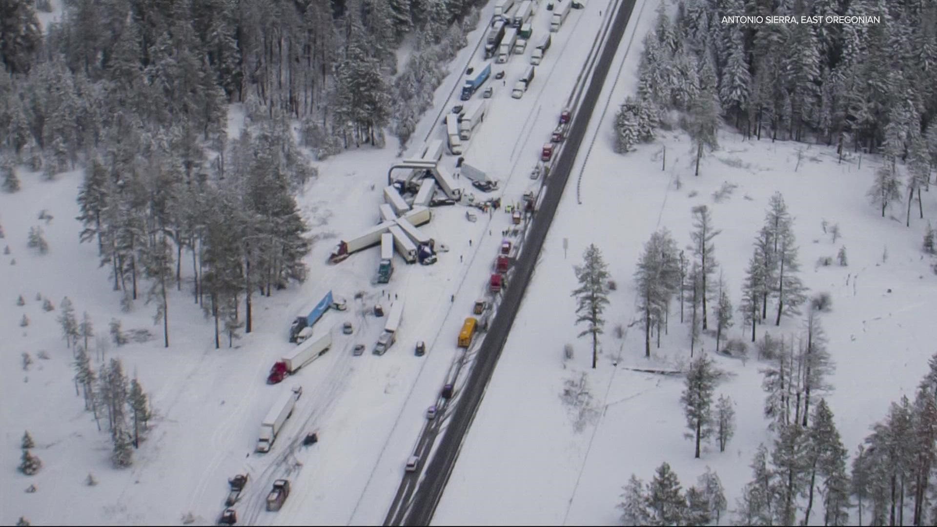 Snowy weather caused a two-mile-long pileup of crashed cars on I-84 in Eastern Oregon over the weekend. Crews worked for hours to reopen the interstate.