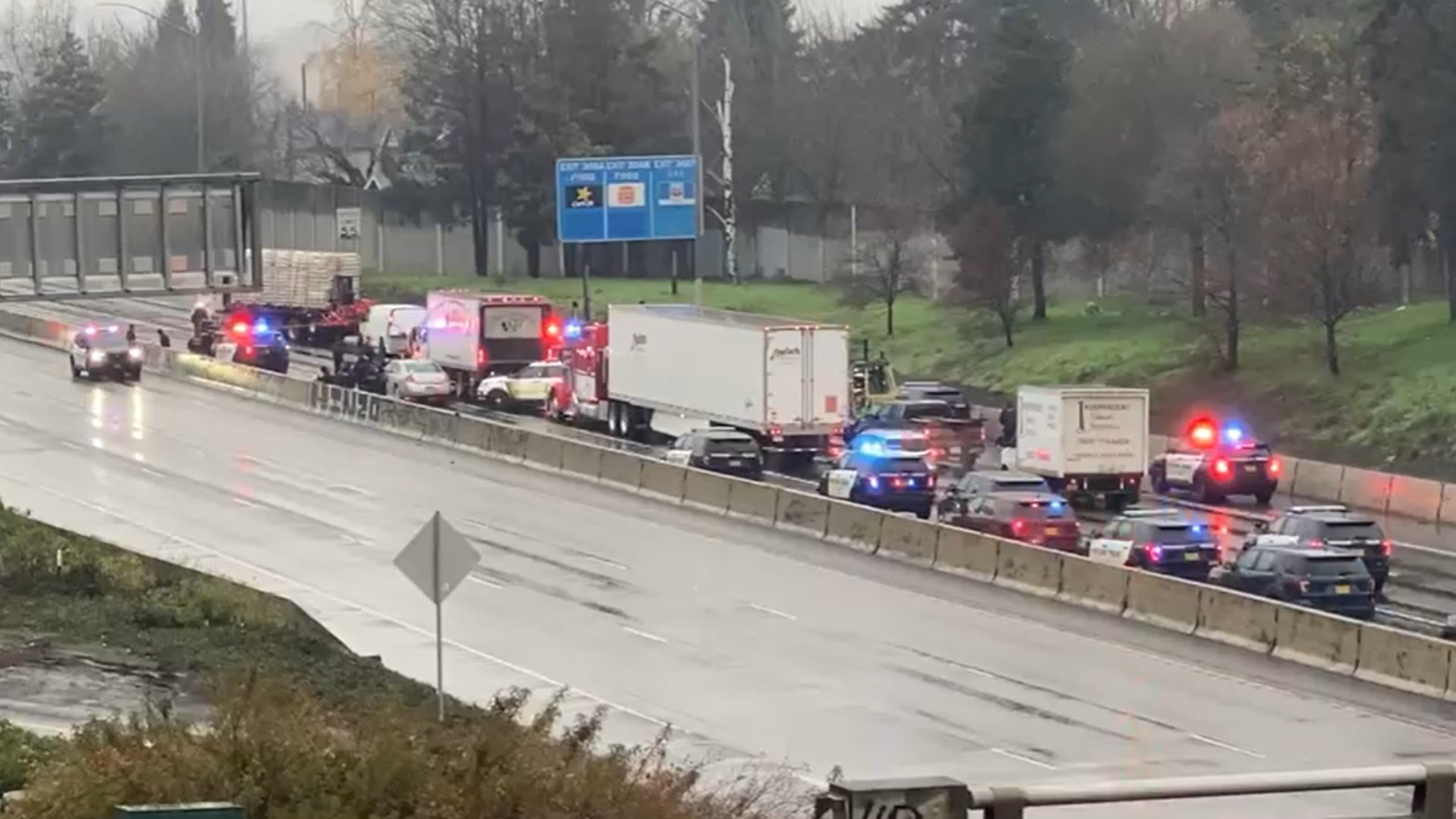 Interstate 5 northbound lanes are shut down near Lombard Street in North Portland due to police activity.