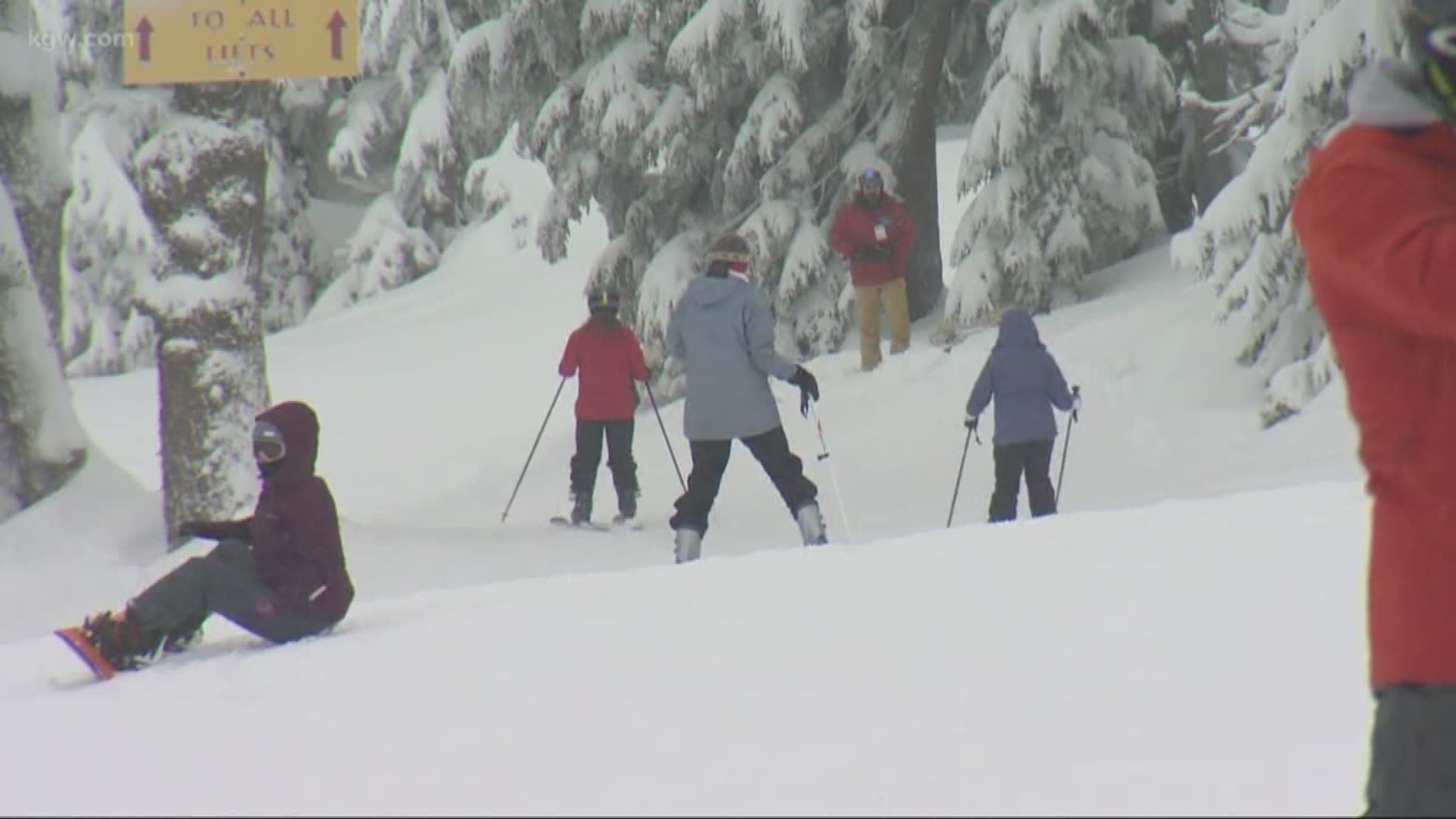 The snow came down today at Mt. Hood and skiers and snowboarders were excited.