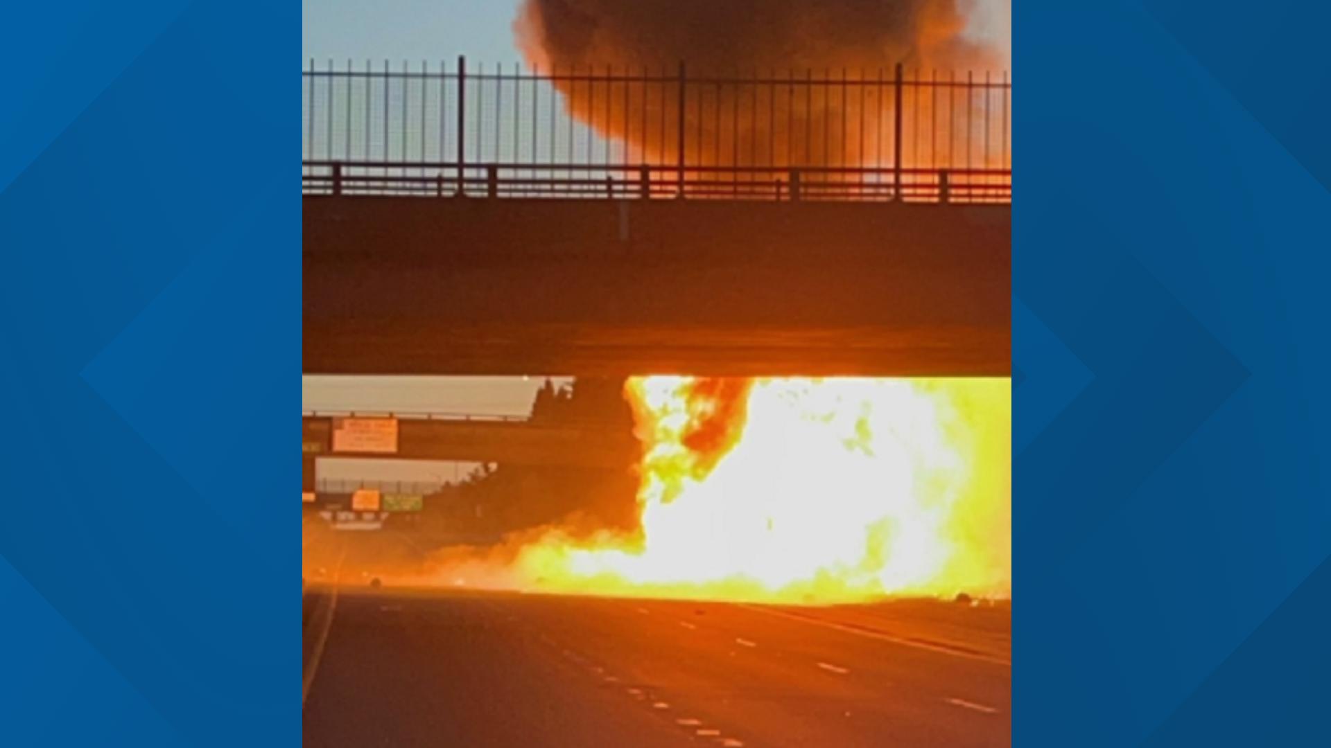 Trailer carrying propane tanks catches on fire on I5 in North Portland