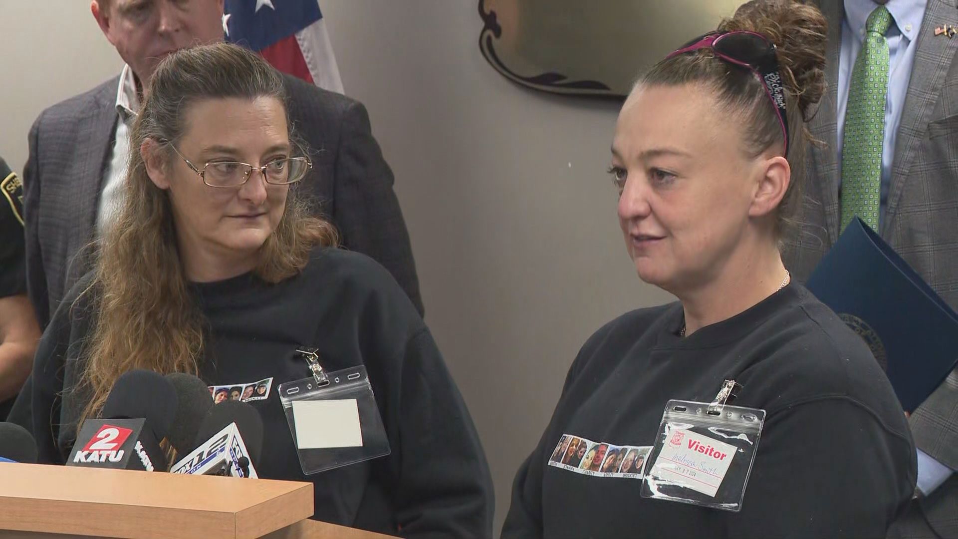 Diana Allen, the mother of Charity Perry, and Melissa Smith, the mother of Kristin Smith, speak at a news conference about the indictment of Jesse Lee Calhoun.