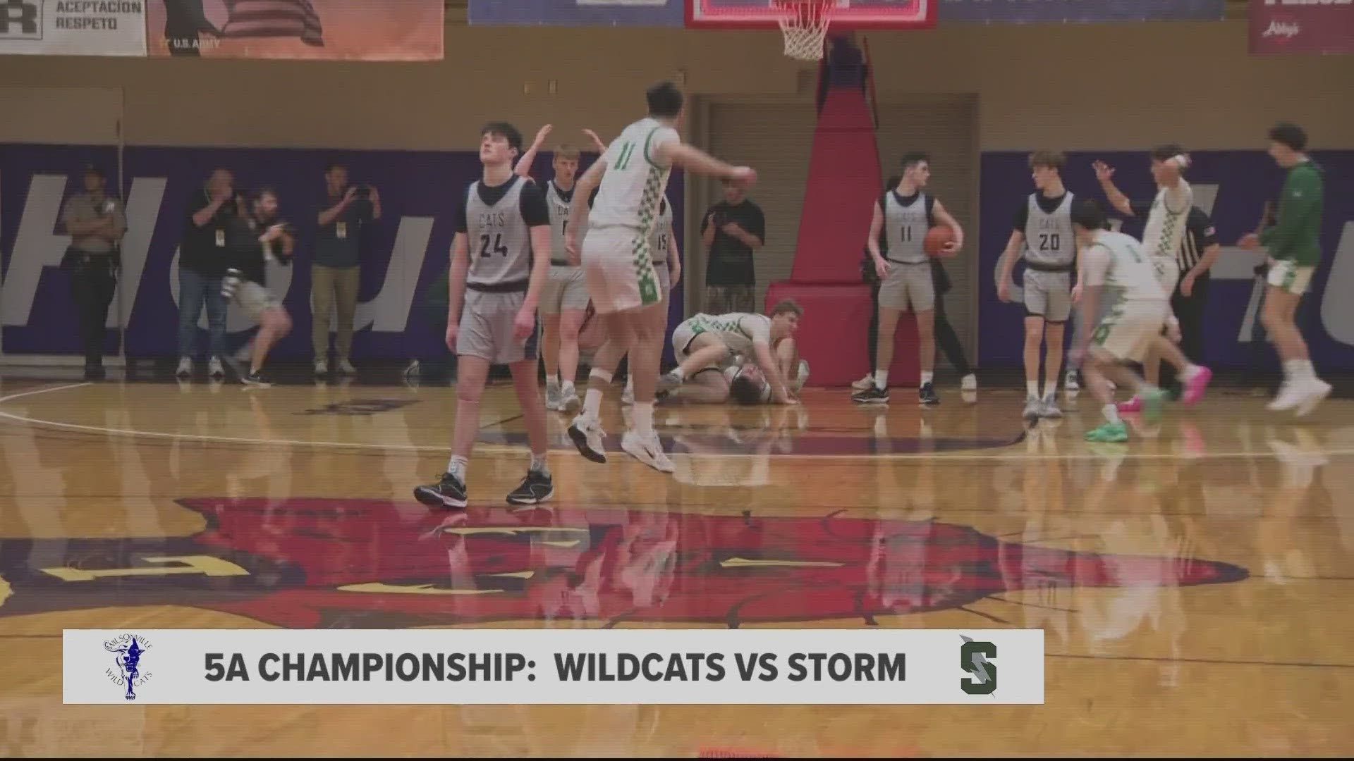 The Summit Storm boys faced the Wilsonville Wildcats in the 5A high school basketball championship at Linfield University. Final score: 52 to 50.