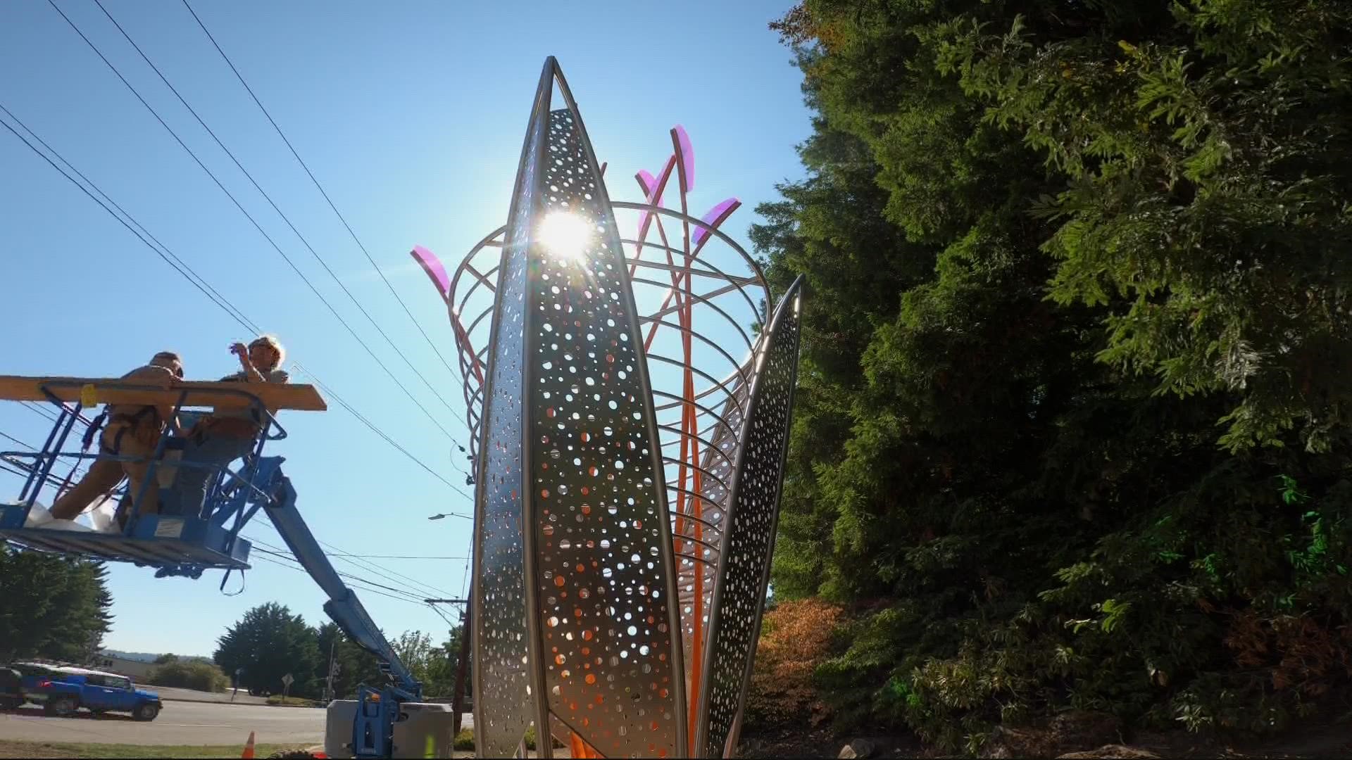 The sculpture is part of the city's 2016 public art master plan. Portland artist Ed Carpenter created the 5,000 pound piece.